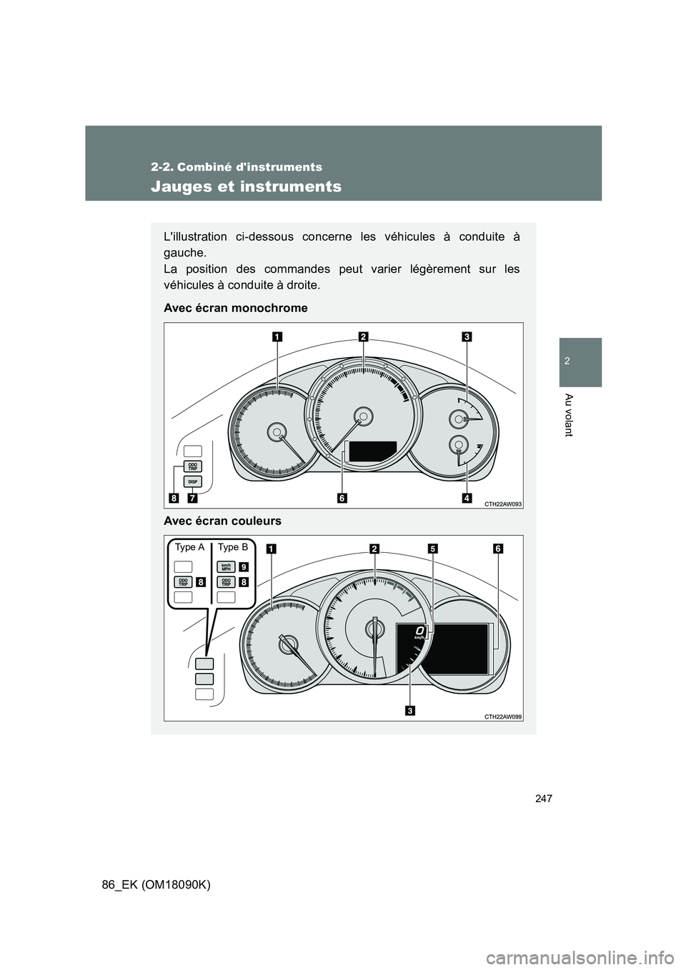 TOYOTA GT86 2018 Manuel du propriétaire (in French) 247
2
Au volant
86_EK (OM18090K)
2-2. Combiné dinstruments
Jauges et instruments
Lillustration ci-dessous concerne les véhicules à conduite à
gauche.
La position des commandes peut varier lé TOYOTA GT86 2018 Manuel du propriétaire (in French) 247
2
Au volant
86_EK (OM18090K)
2-2. Combiné dinstruments
Jauges et instruments
Lillustration ci-dessous concerne les véhicules à conduite à
gauche.
La position des commandes peut varier lé