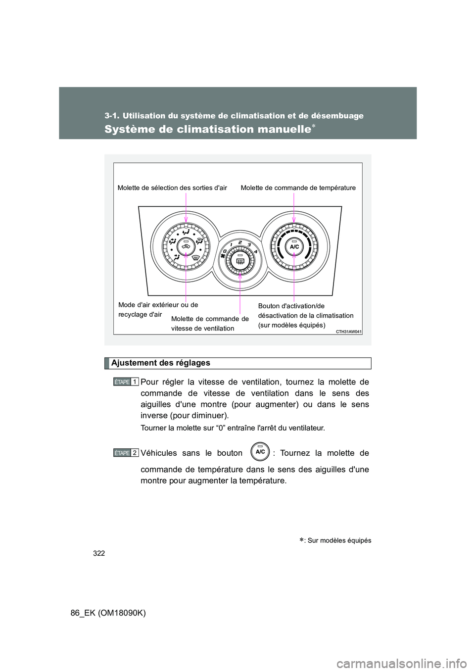 TOYOTA GT86 2018  Manuel du propriétaire (in French) 322
86_EK (OM18090K)
3-1. Utilisation du système de climatisation et de désembuage
Système de climatisation manuelle
Ajustement des réglages 
Pour régler la vitesse de ventilation, tournez la 