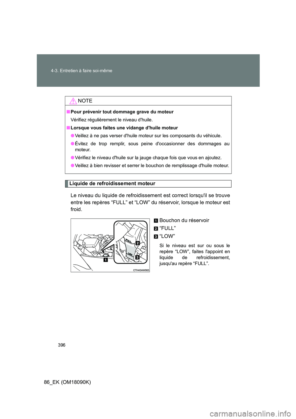 TOYOTA GT86 2018  Manuel du propriétaire (in French) 396 
4-3. Entretien à faire soi-même
86_EK (OM18090K)
Liquide de refroidissement moteur 
Le niveau du liquide de refroidissement est correct lorsquil se trouve 
entre les repères “FULL” et “