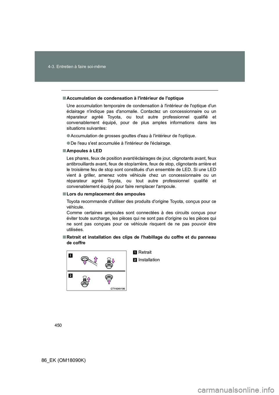 TOYOTA GT86 2018 Manuel du propriétaire (in French) 450
4-3. Entretien à faire soi-même
86_EK (OM18090K)
■ Accumulation de condensation à lintérieur de loptique
Une accumulation temporaire de condensation à lintérieur de loptique dun
é TOYOTA GT86 2018 Manuel du propriétaire (in French) 450
4-3. Entretien à faire soi-même
86_EK (OM18090K)
■ Accumulation de condensation à lintérieur de loptique
Une accumulation temporaire de condensation à lintérieur de loptique dun
é