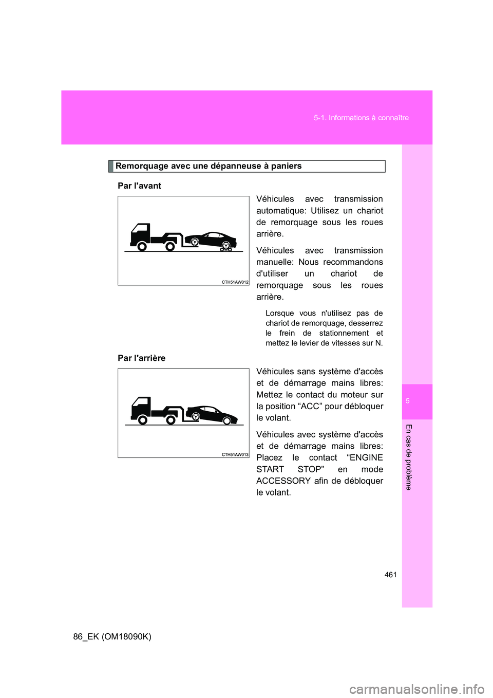 TOYOTA GT86 2018 Manuel du propriétaire (in French) 5
461
5-1. Informations à connaître
En cas de problème
86_EK (OM18090K)
Remorquage avec une dépanneuse à paniers
Par lavant
Véhicules avec transmission
automatique: Utilisez un chariot
de TOYOTA GT86 2018 Manuel du propriétaire (in French) 5
461
5-1. Informations à connaître
En cas de problème
86_EK (OM18090K)
Remorquage avec une dépanneuse à paniers
Par lavant
Véhicules avec transmission
automatique: Utilisez un chariot
de