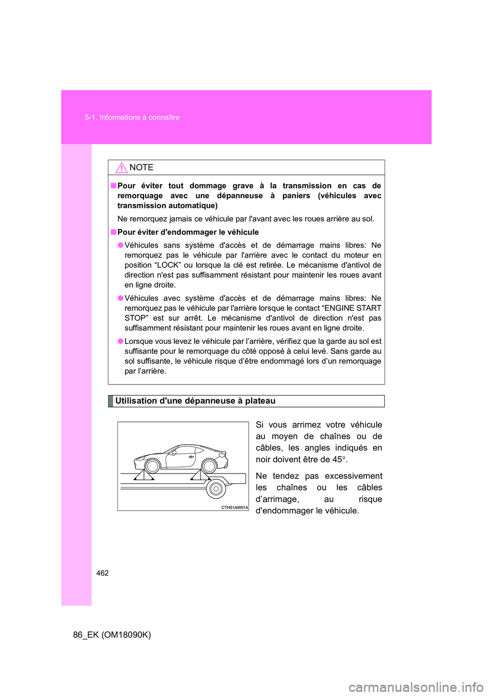 TOYOTA GT86 2018 Manuel du propriétaire (in French) 462
5-1. Informations à connaître
86_EK (OM18090K)
Utilisation dune dépanneuse à plateau
Si vous arrimez votre véhicule
au moyen de chaînes ou de
câbles, les angles indiqués en
noir doiv TOYOTA GT86 2018 Manuel du propriétaire (in French) 462
5-1. Informations à connaître
86_EK (OM18090K)
Utilisation dune dépanneuse à plateau
Si vous arrimez votre véhicule
au moyen de chaînes ou de
câbles, les angles indiqués en
noir doiv