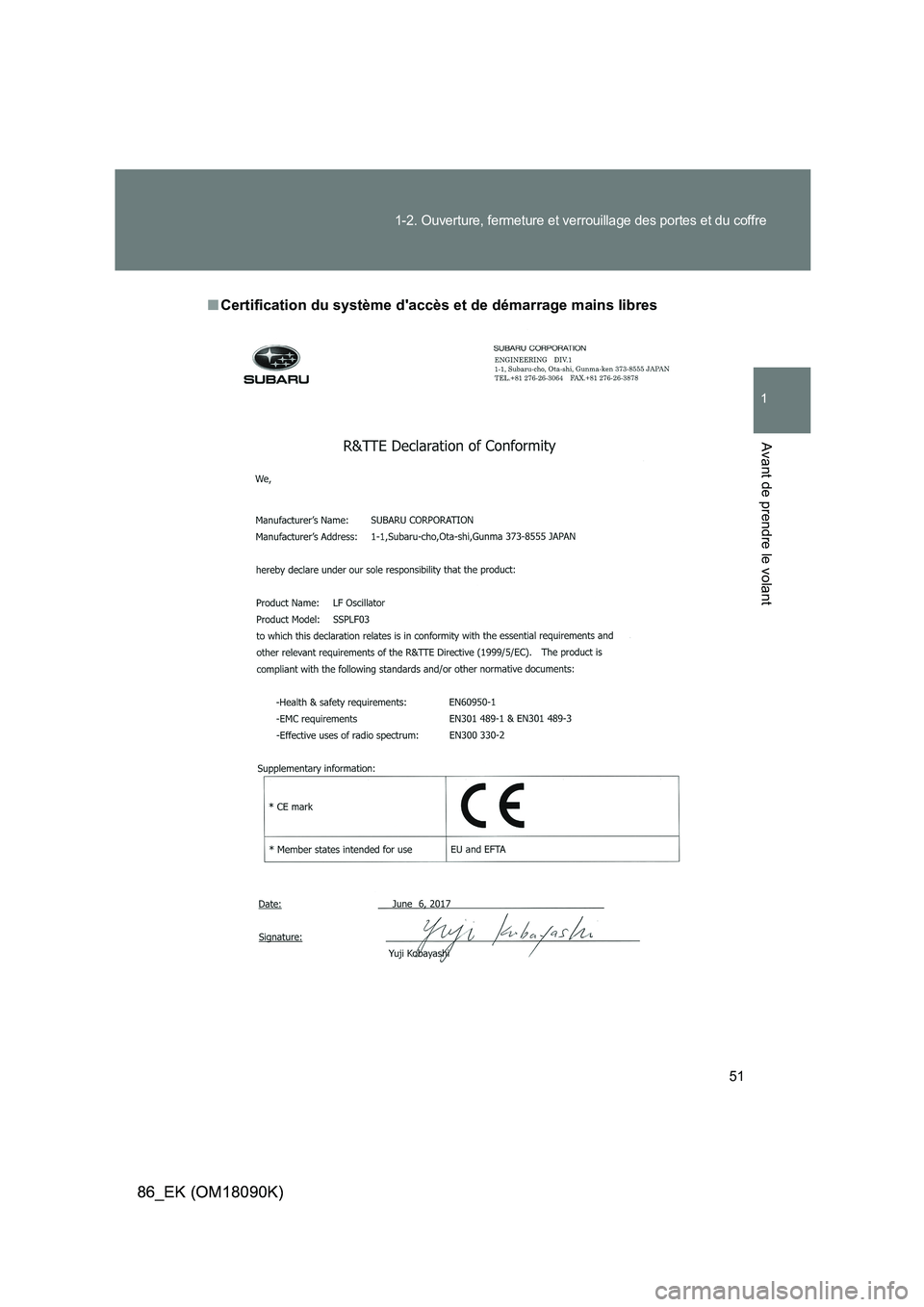 TOYOTA GT86 2018 Manuel du propriétaire (in French) 51
1-2. Ouverture, fermeture et verrouillage des portes et du coffre
1
Avant de prendre le volant
86_EK (OM18090K)86_EK (OM18090K)
■Certification du système daccès et de démarrage mains libres TOYOTA GT86 2018 Manuel du propriétaire (in French) 51
1-2. Ouverture, fermeture et verrouillage des portes et du coffre
1
Avant de prendre le volant
86_EK (OM18090K)86_EK (OM18090K)
■Certification du système daccès et de démarrage mains libres