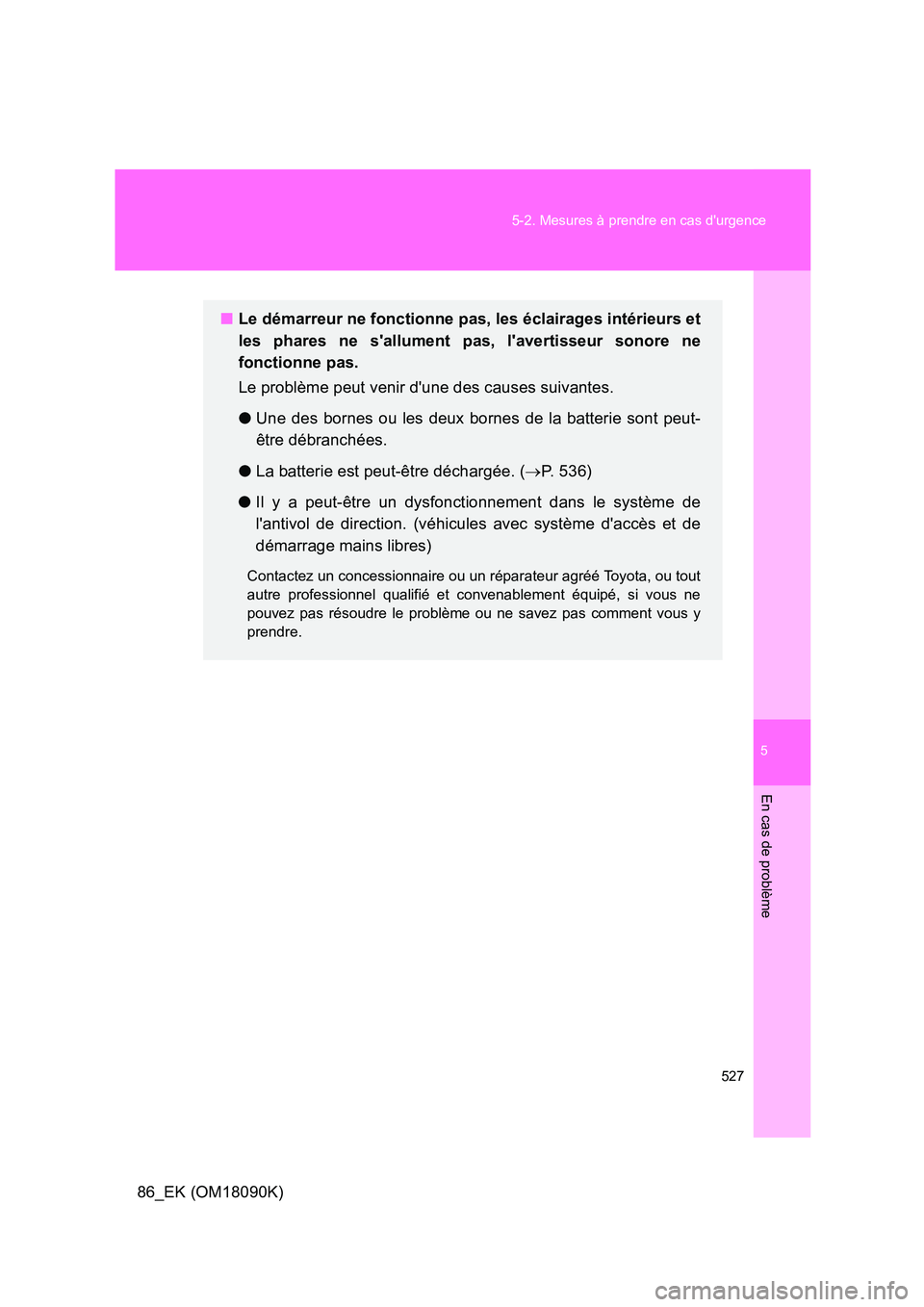 TOYOTA GT86 2018 Manuel du propriétaire (in French) 5
527
5-2. Mesures à prendre en cas durgence
En cas de problème
86_EK (OM18090K)
■ Le démarreur ne fonctionne pas, les éclairages intérieurs et
les phares ne sallument pas, lavertisseur so TOYOTA GT86 2018 Manuel du propriétaire (in French) 5
527
5-2. Mesures à prendre en cas durgence
En cas de problème
86_EK (OM18090K)
■ Le démarreur ne fonctionne pas, les éclairages intérieurs et
les phares ne sallument pas, lavertisseur so