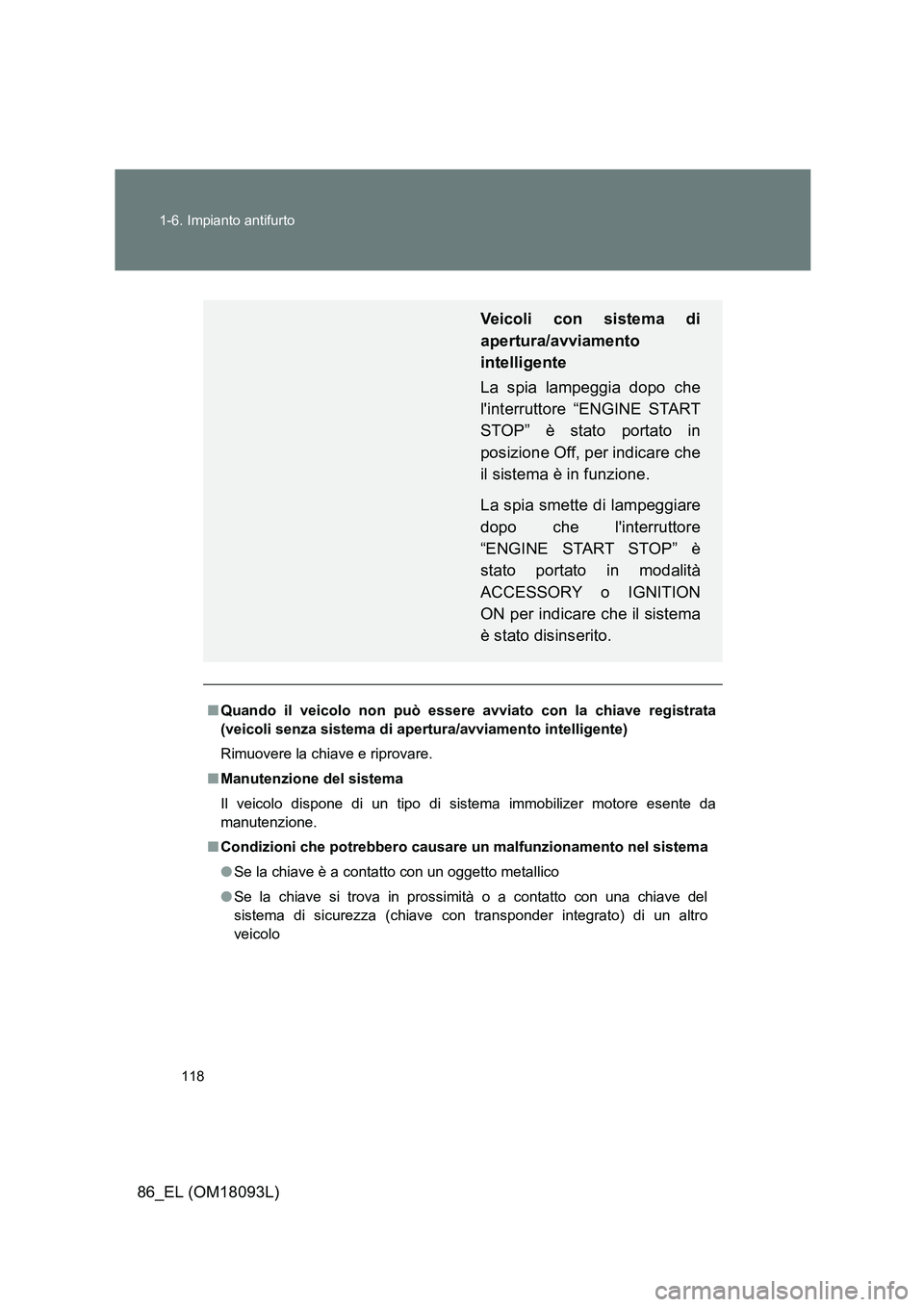 TOYOTA GT86 2018  Manuale duso (in Italian) 118 
1-6. Impianto antifurto
86_EL (OM18093L)
■ Quando il veicolo non può essere avviato con la chiave registrata 
(veicoli senza sistema di aper tura/avviamento intelligente) 
Rimuovere la chiave 