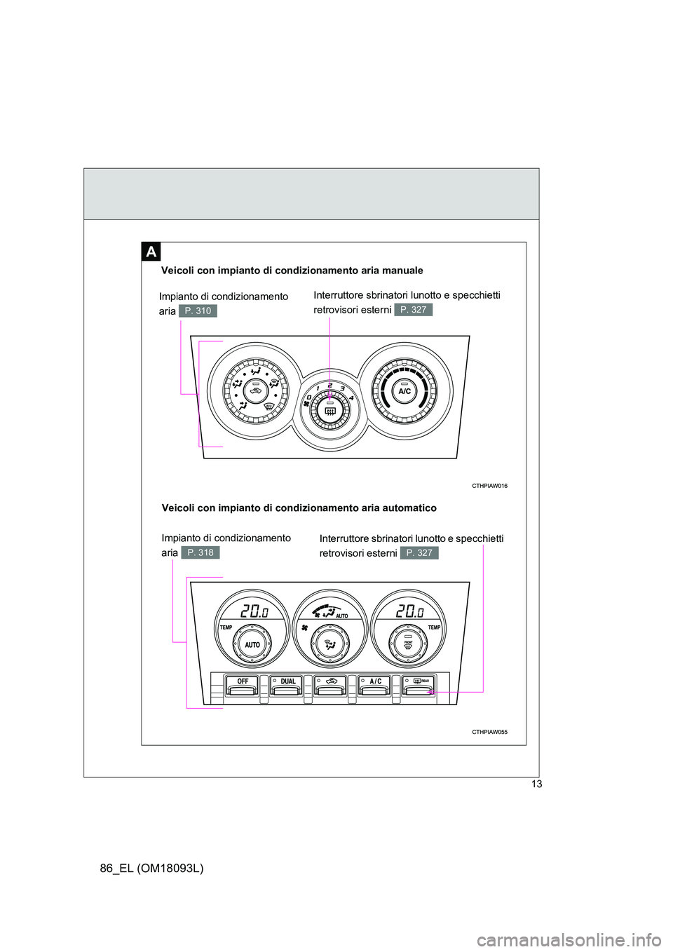 TOYOTA GT86 2018  Manuale duso (in Italian) 86_EL (OM18093L)
13
A
Veicoli con impianto di condizionamento aria manuale
Impianto di condizionamento  
aria P. 310
Interruttore sbrinatori lunotto e specchietti  
retrovisori esterni P. 327
Veicoli 