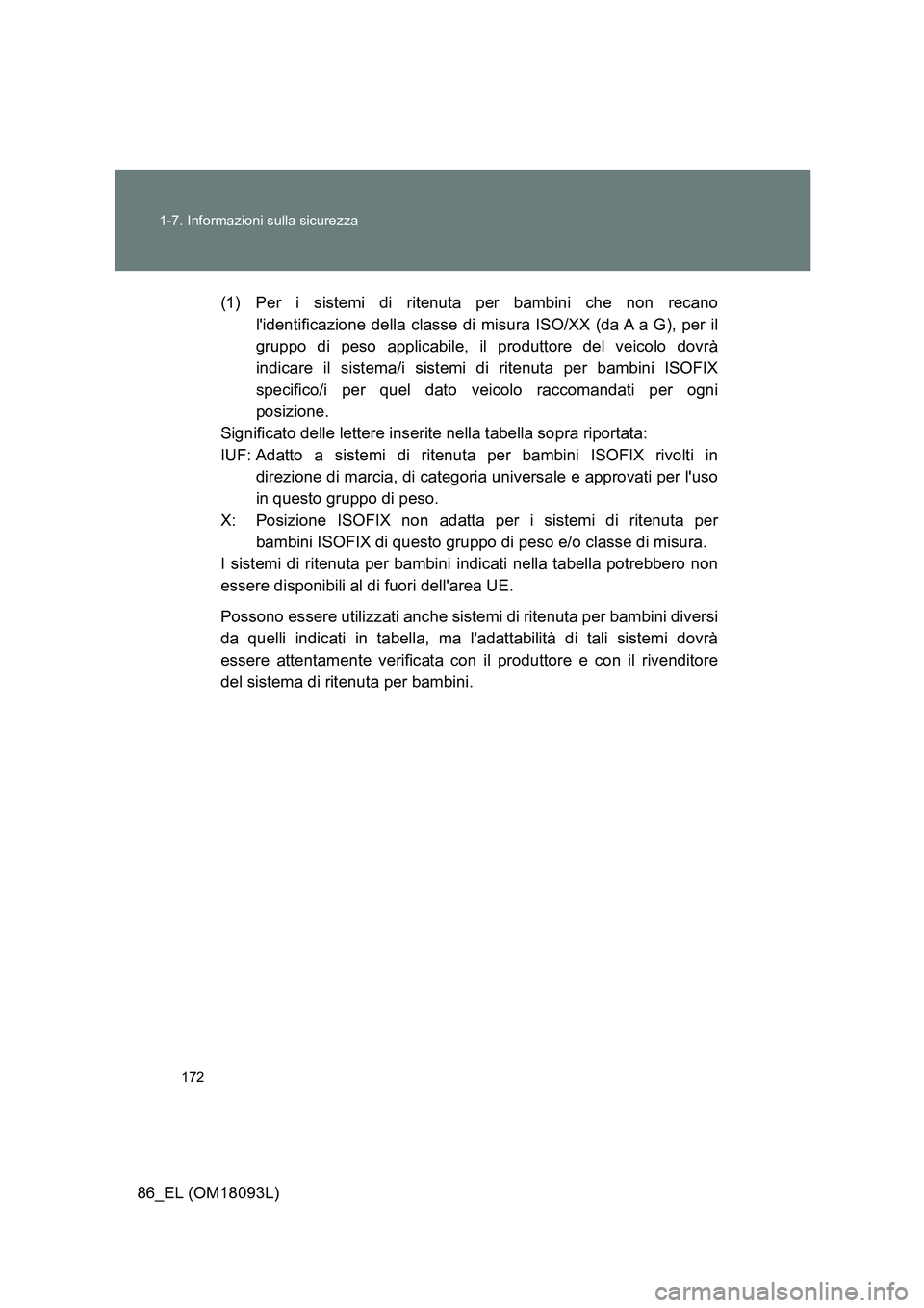 TOYOTA GT86 2018  Manuale duso (in Italian) 172 
1-7. Informazioni sulla sicurezza
86_EL (OM18093L) 
(1) Per i sistemi di ritenuta per bambini che non recano 
lidentificazione della classe di misura ISO/XX (da A a G), per il
gruppo di peso app
