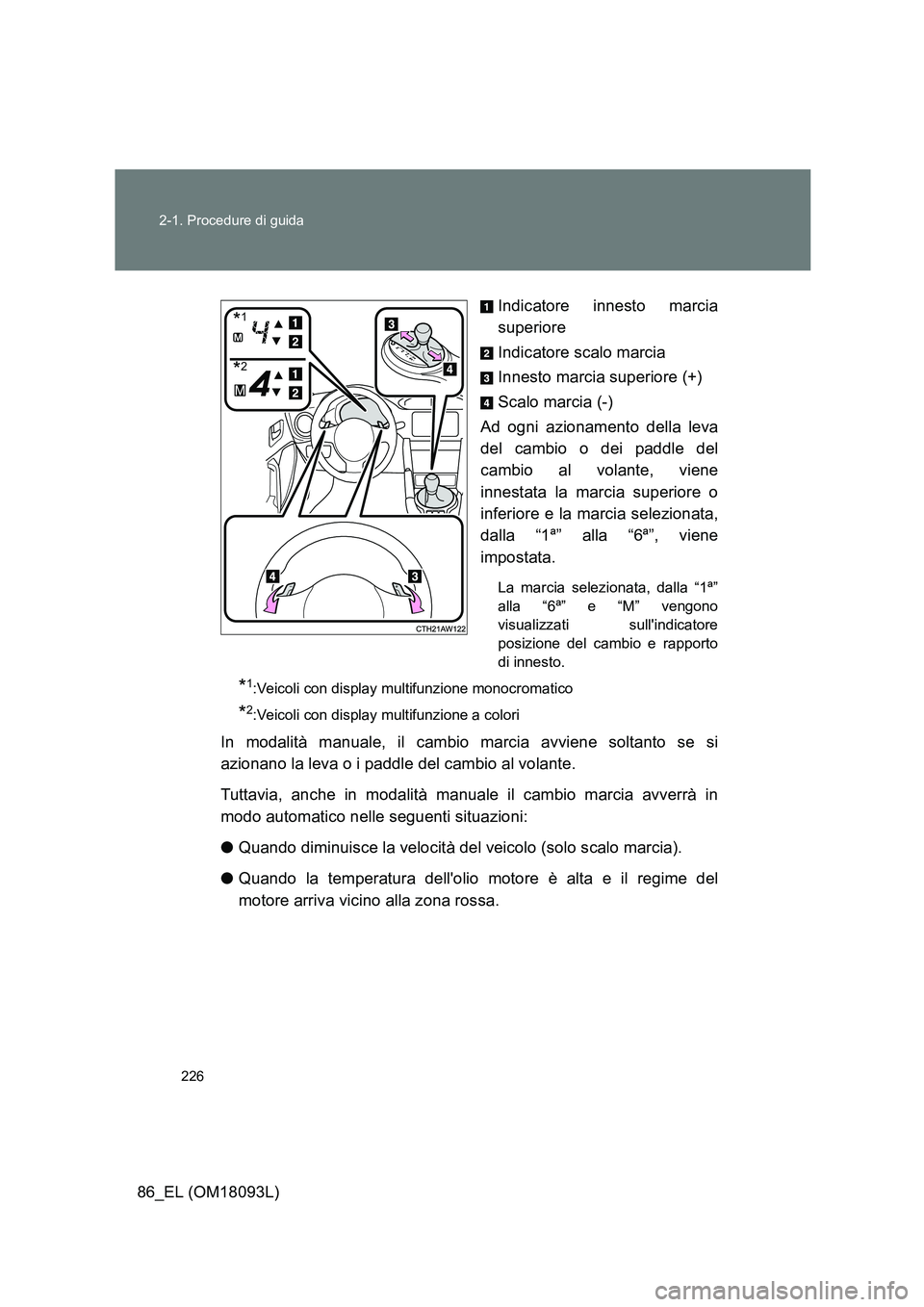 TOYOTA GT86 2018 Manuale duso (in Italian) 226
2-1. Procedure di guida
86_EL (OM18093L)
Indicatore innesto marcia
superiore
Indicatore scalo marcia
Innesto marcia superiore (+)
Scalo marcia (-)
Ad ogni azionamento della leva
del cambio TOYOTA GT86 2018 Manuale duso (in Italian) 226
2-1. Procedure di guida
86_EL (OM18093L)
Indicatore innesto marcia
superiore
Indicatore scalo marcia
Innesto marcia superiore (+)
Scalo marcia (-)
Ad ogni azionamento della leva
del cambio