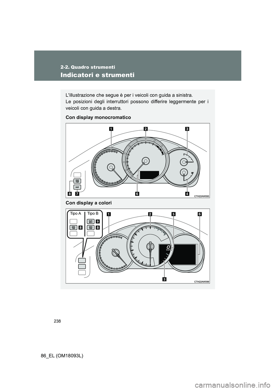 TOYOTA GT86 2018  Manuale duso (in Italian) 238
86_EL (OM18093L)
2-2. Quadro strumenti
Indicatori e strumenti
Lillustrazione che segue è per i veicoli con guida a sinistra.  
Le posizioni degli interruttori possono differire leggermente per i