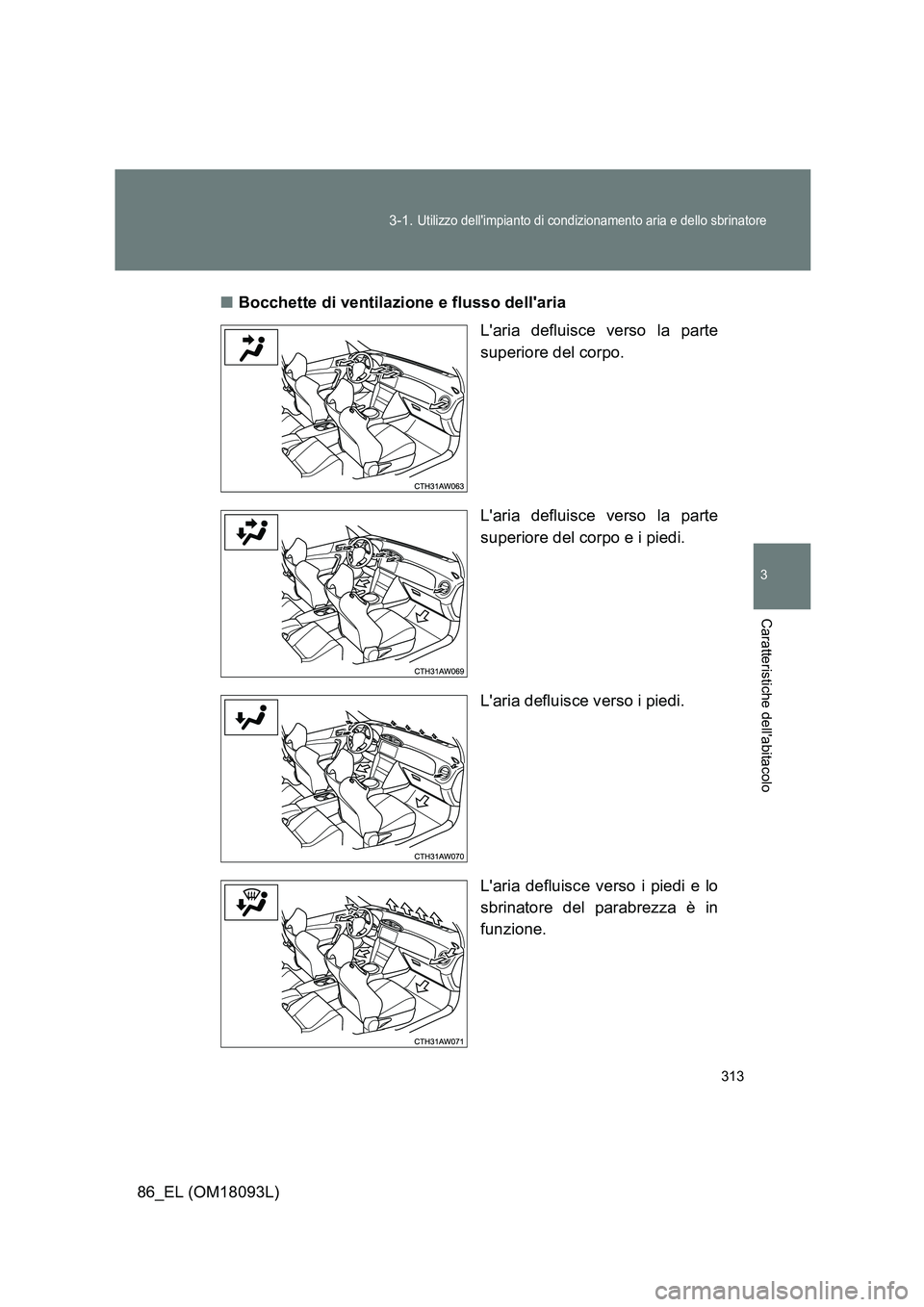 TOYOTA GT86 2018  Manuale duso (in Italian) 313 
3-1. Utilizzo dellimpianto di condizionamento aria e dello sbrinatore
3
Caratteristiche dellabitacolo
86_EL (OM18093L) 
■ Bocchette di ventilazione e flusso dellaria 
Laria defluisce verso 