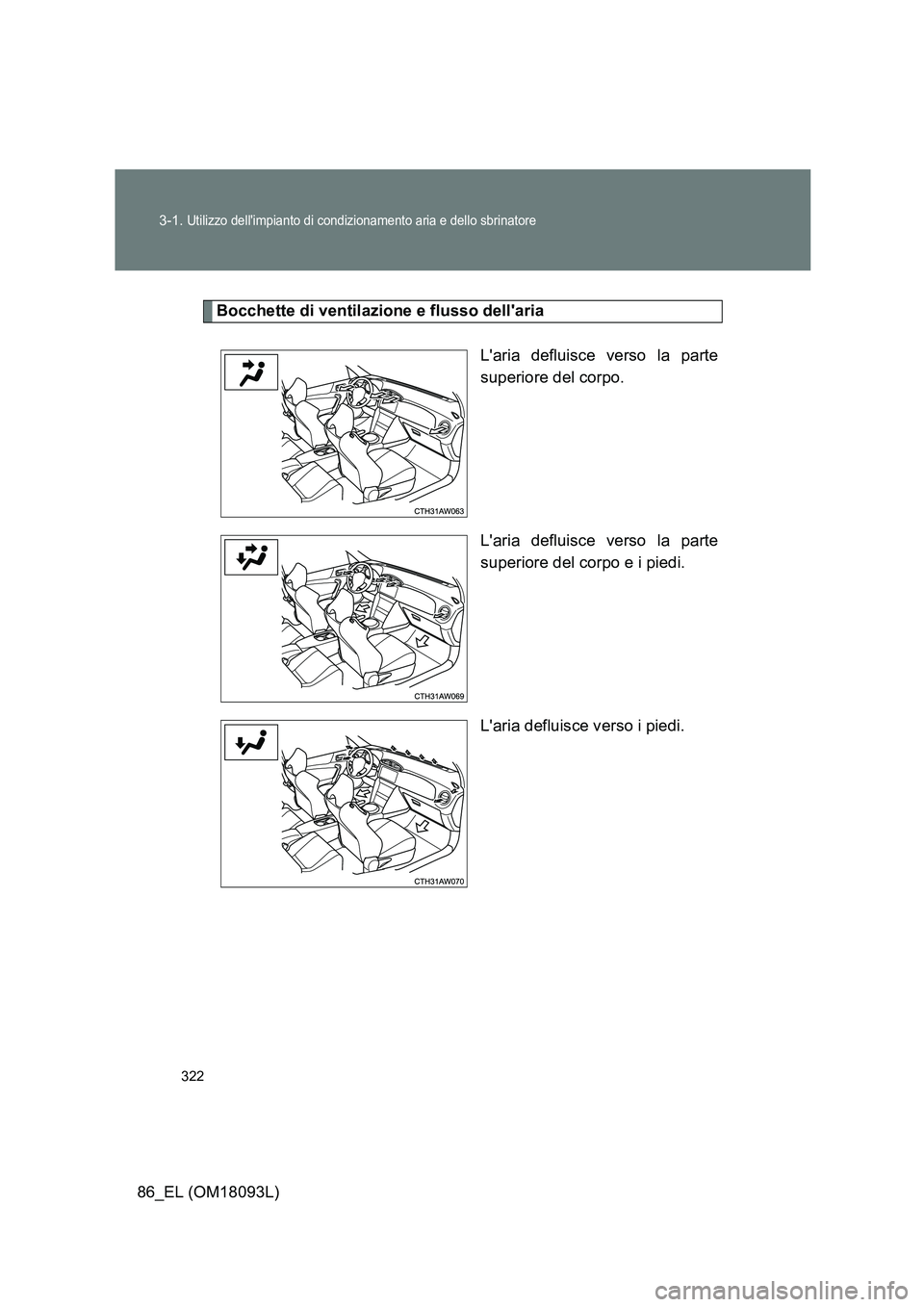 TOYOTA GT86 2018  Manuale duso (in Italian) 322 
3-1. Utilizzo dellimpianto di condizionamento aria e dello sbrinatore
86_EL (OM18093L)
Bocchette di ventilazione e flusso dellaria 
Laria defluisce verso la parte 
superiore del corpo. 
Laria