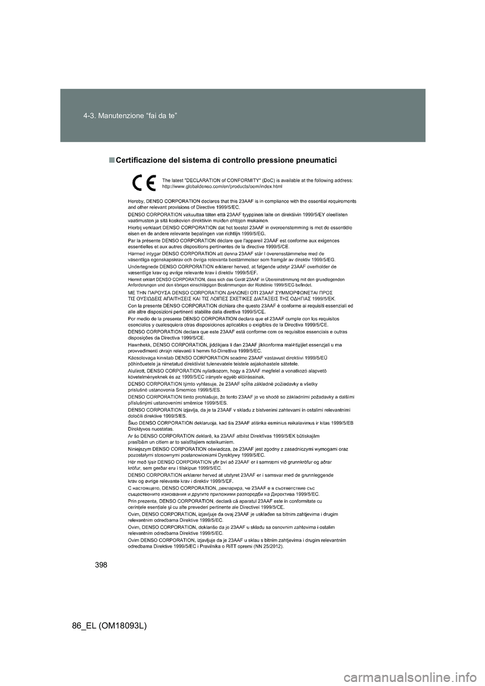 TOYOTA GT86 2018  Manuale duso (in Italian) 398 
4-3. Manutenzione “fai da te”
86_EL (OM18093L)
■ Certificazione del sistema di controllo pressione pneumatici 