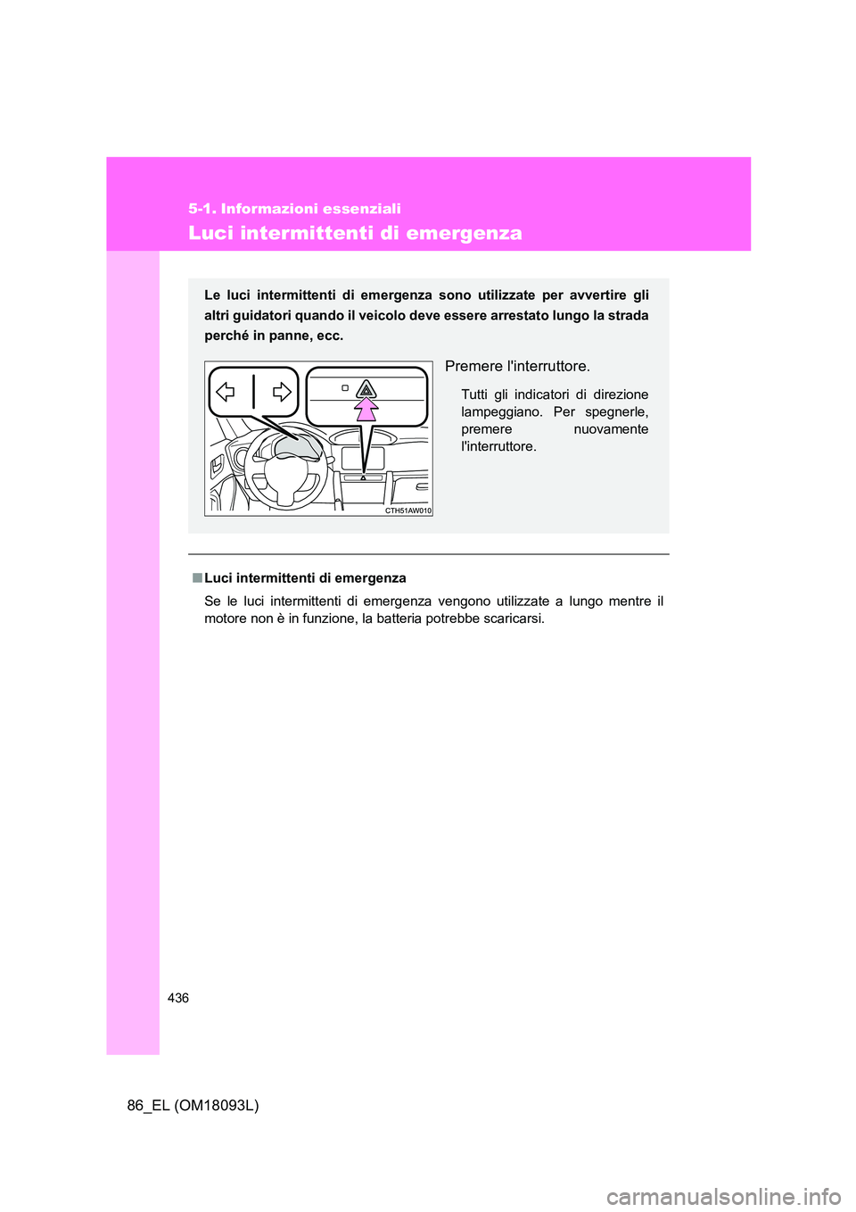 TOYOTA GT86 2018  Manuale duso (in Italian) 436
86_EL (OM18093L)
5-1. Informazioni essenziali
Luci intermittenti di emergenza
■Luci intermittenti di emergenza 
Se le luci intermittenti di emergenza vengono utilizzate a lungo mentre il 
motore