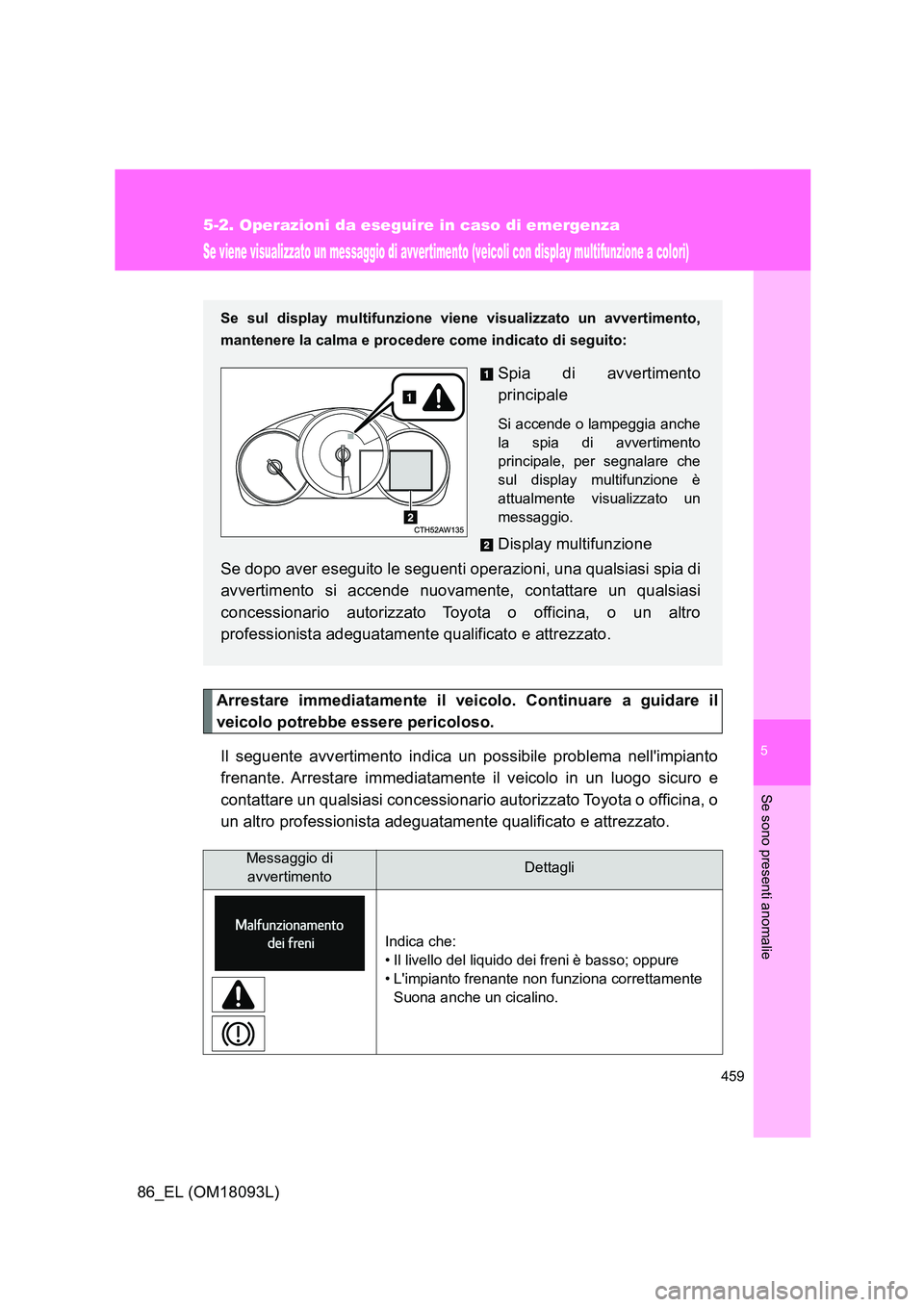 TOYOTA GT86 2018  Manuale duso (in Italian) 5
459
5-2. Operazioni da eseguire in caso di emergenza
Se sono presenti anomalie
86_EL (OM18093L)
Se viene visualizzato un messaggio di avvertimento (veicoli con display multifunzione a colori)
Arrest