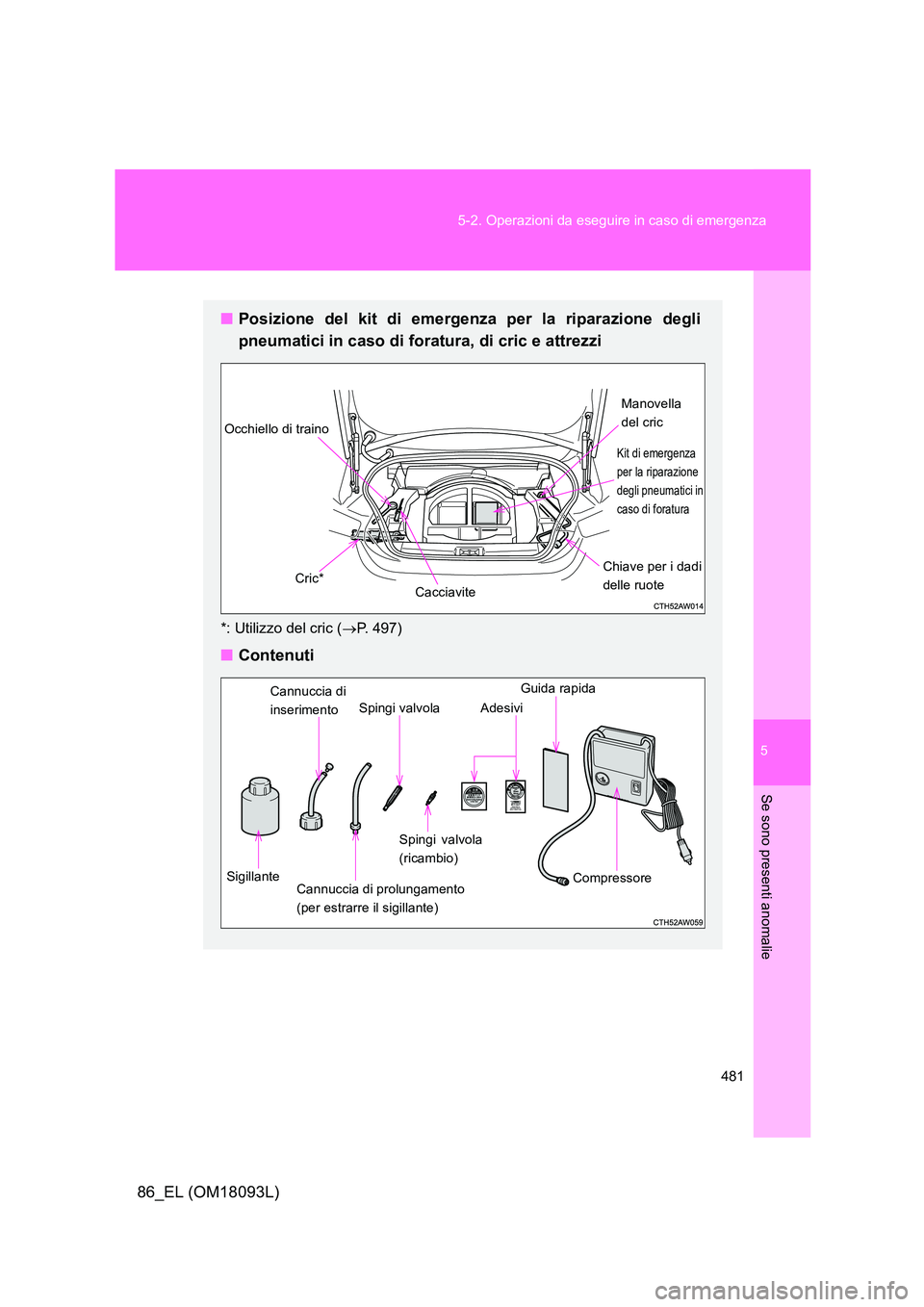 TOYOTA GT86 2018 Manuale duso (in Italian) 5
481
5-2. Operazioni da eseguire in caso di emergenza
Se sono presenti anomalie
86_EL (OM18093L)
■ Posizione del kit di emergenza per la riparazione degli
pneumatici in caso di foratura, di cric TOYOTA GT86 2018 Manuale duso (in Italian) 5
481
5-2. Operazioni da eseguire in caso di emergenza
Se sono presenti anomalie
86_EL (OM18093L)
■ Posizione del kit di emergenza per la riparazione degli
pneumatici in caso di foratura, di cric