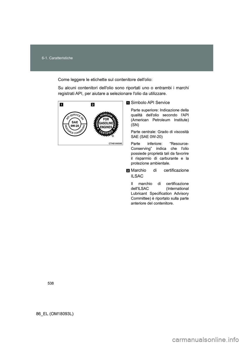 TOYOTA GT86 2018 Manuale duso (in Italian) 538
6-1. Caratteristiche
86_EL (OM18093L)
Come leggere le etichette sul contenitore dellolio:
Su alcuni contenitori dellolio sono riportati uno o entrambi i marchi
registrati API, per aiutare a TOYOTA GT86 2018 Manuale duso (in Italian) 538
6-1. Caratteristiche
86_EL (OM18093L)
Come leggere le etichette sul contenitore dellolio:
Su alcuni contenitori dellolio sono riportati uno o entrambi i marchi
registrati API, per aiutare a
