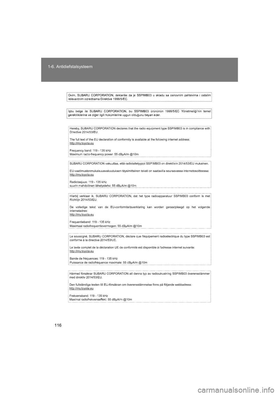 TOYOTA GT86 2018  Instructieboekje (in Dutch) 116
1-6. Antidiefstalsysteem
86_EE (OM18089E)
86_OM_Europe_OM18089E.book  Page
 116  Tuesday, November 21, 2017  9:35 AM 