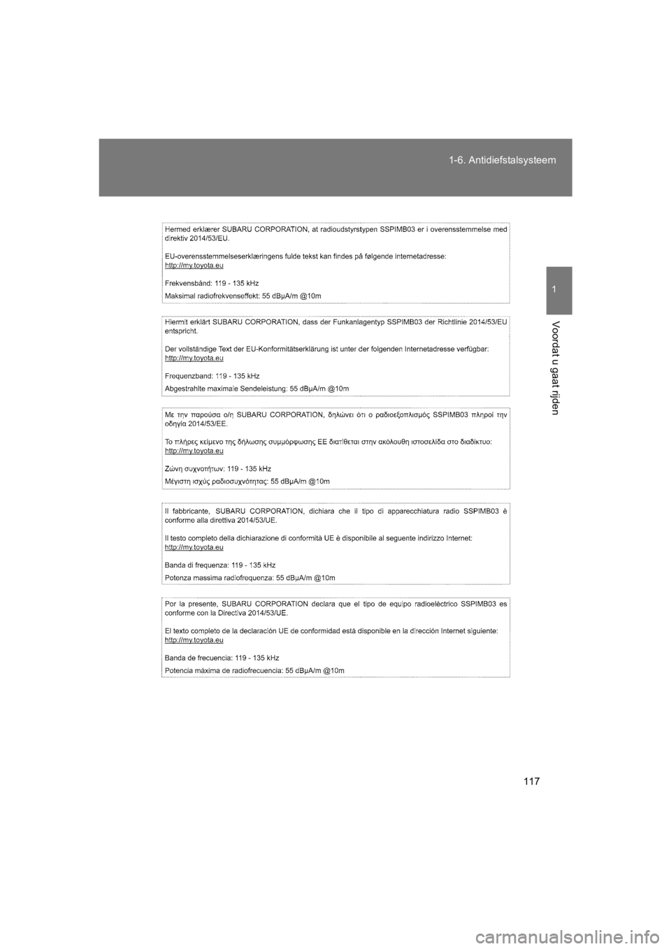 TOYOTA GT86 2018  Instructieboekje (in Dutch) 117
1-6. Antidiefstalsysteem
1
Voordat u gaat rijden
86_EE (OM18089E)
86_OM_Europe_OM18089E.book  Page
 117  Tuesday, November 21, 2017  9:35 AM 