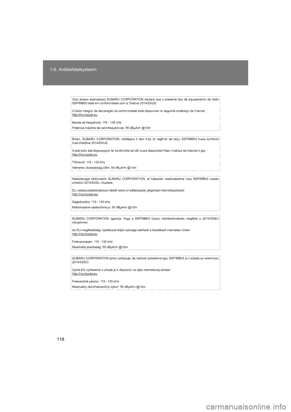 TOYOTA GT86 2018  Instructieboekje (in Dutch) 118
1-6. Antidiefstalsysteem
86_EE (OM18089E)
86_OM_Europe_OM18089E.book  Page
 118  Tuesday, November 21, 2017  9:35 AM 