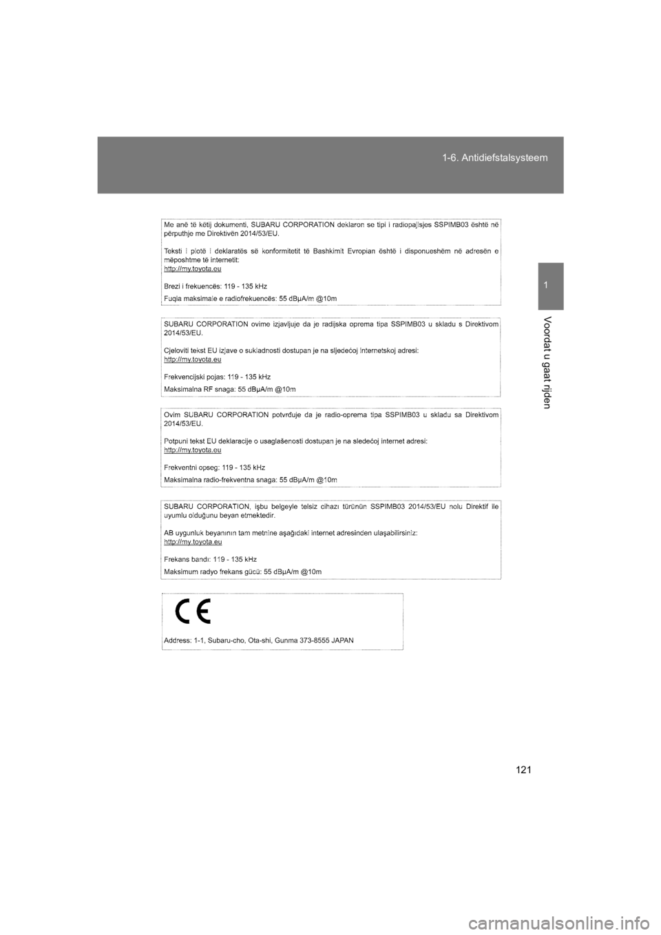 TOYOTA GT86 2018  Instructieboekje (in Dutch) 121
1-6. Antidiefstalsysteem
1
Voordat u gaat rijden
86_EE (OM18089E)
86_OM_Europe_OM18089E.book  Page
 121  Tuesday, November 21, 2017  9:35 AM 
