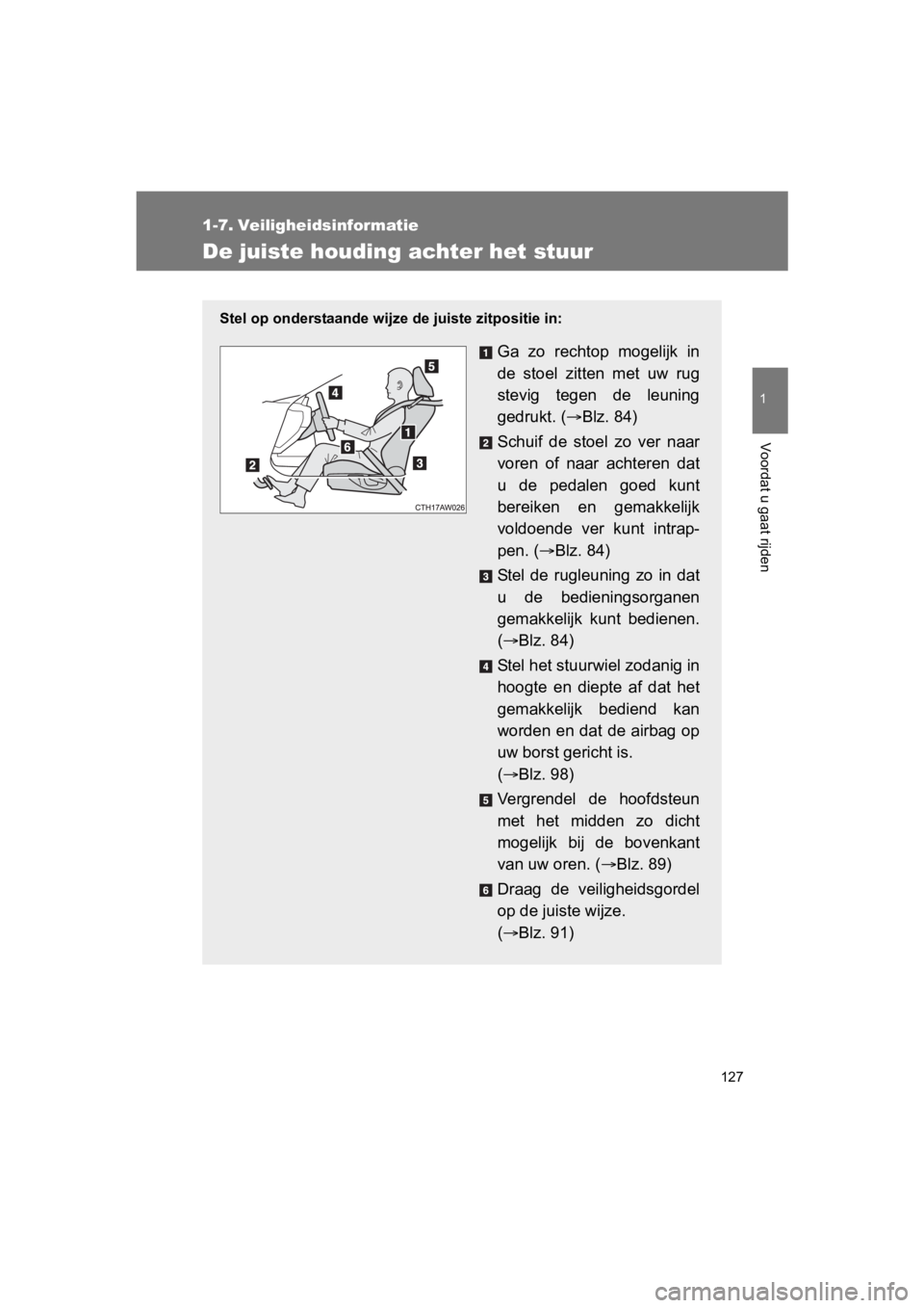 TOYOTA GT86 2018  Instructieboekje (in Dutch) 127
1
Voordat u gaat rijden
86_EE (OM18089E)
1-7. Veiligheidsinformatie
De juiste houding achter het stuur
Stel op onderstaande wijze de juiste zitpositie in:
Ga  zo  rechtop  mogelijk  in
de  stoel  