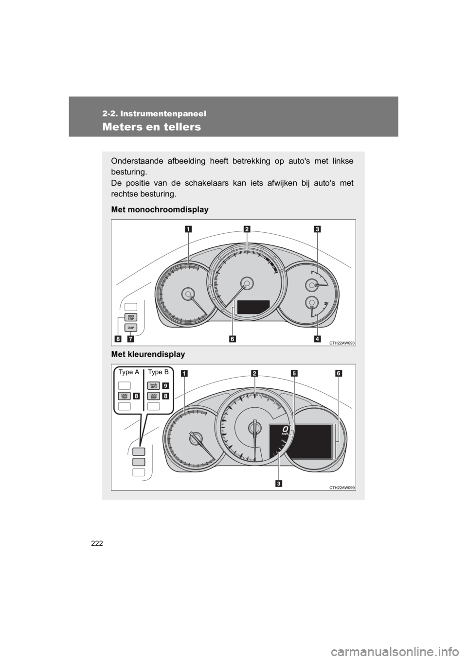 TOYOTA GT86 2018  Instructieboekje (in Dutch) 222
86_EE (OM18089E)
2-2. Instrumentenpaneel
Meters en tellers
Onderstaande  afbeelding  heeft  betrekking  op  auto's  met  linkse
besturing. 
De  positie  van  de  schakelaars  kan  iets  afwijk
