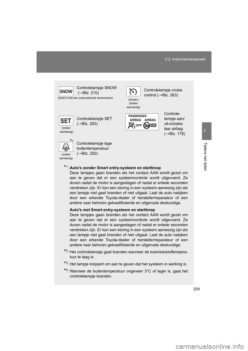 TOYOTA GT86 2018  Instructieboekje (in Dutch) 229
2-2. Instrumentenpaneel
2
Tijdens het rijden
86_EE (OM18089E)
*1:
Auto's zonder Smart entry-systeem en startknop  
Deze  lampjes  gaan  branden  als  het  contact  AAN  wordt  gezet  om
aan  t