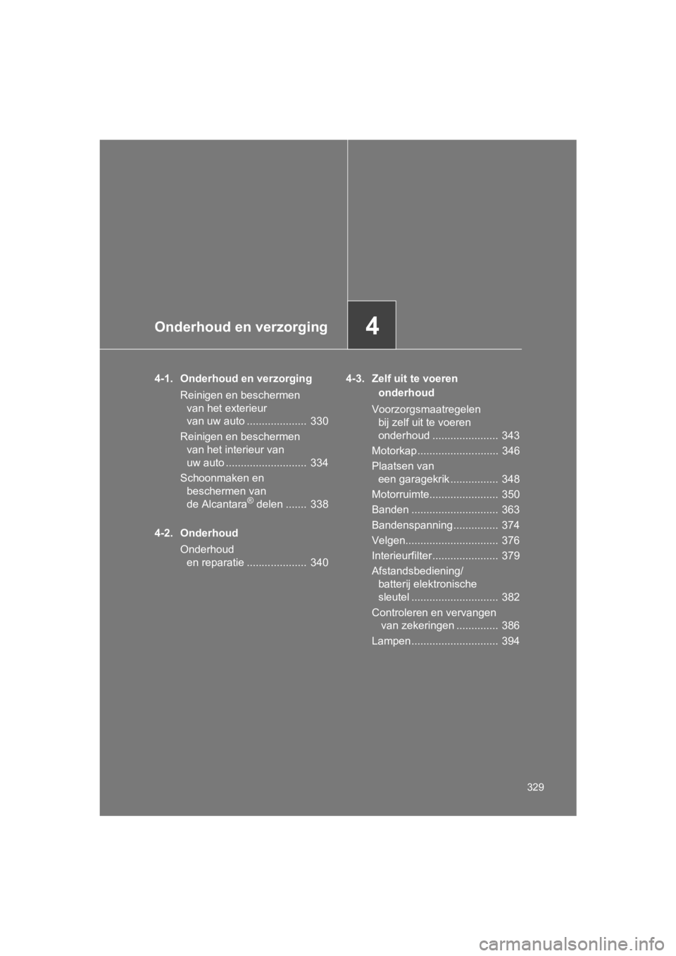 TOYOTA GT86 2018 Instructieboekje (in Dutch) 4Onderhoud en verzorging
329
86_EE (OM18089E)
4-1. Onderhoud en verzorgingReinigen en beschermen van het exterieur
van uw auto .................... 330
Reinigen en beschermen van het interieur van TOYOTA GT86 2018 Instructieboekje (in Dutch) 4Onderhoud en verzorging
329
86_EE (OM18089E)
4-1. Onderhoud en verzorgingReinigen en beschermen van het exterieur
van uw auto .................... 330
Reinigen en beschermen van het interieur van