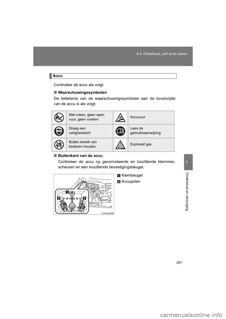 TOYOTA GT86 2018 Instructieboekje (in Dutch) 357
4-3. Onderhoud, ze
lf uit te voeren
4
Onderhoud en verzorging
86_EE (OM18089E)
Accu
Controleer de accu als volgt.
■ Waarschuwingssymbolen
De betekenis van de waarschuwingssymbolen aan de TOYOTA GT86 2018 Instructieboekje (in Dutch) 357
4-3. Onderhoud, ze
lf uit te voeren
4
Onderhoud en verzorging
86_EE (OM18089E)
Accu
Controleer de accu als volgt.
■ Waarschuwingssymbolen
De betekenis van de waarschuwingssymbolen aan de