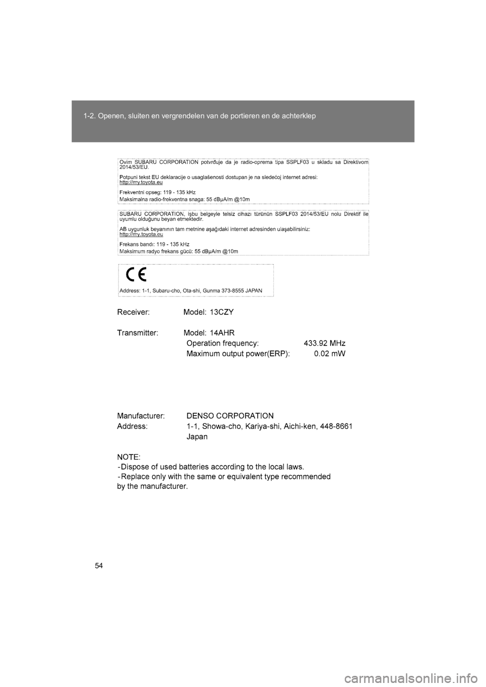 TOYOTA GT86 2018  Instructieboekje (in Dutch) 54
1-2. Openen, sluiten en vergren
delen van de portieren en de achterklep
86_EE (OM18089E)
86_OM_Europe_OM18089E.book  Page  54  Tuesday, November 21, 2017  9:35 AM 
