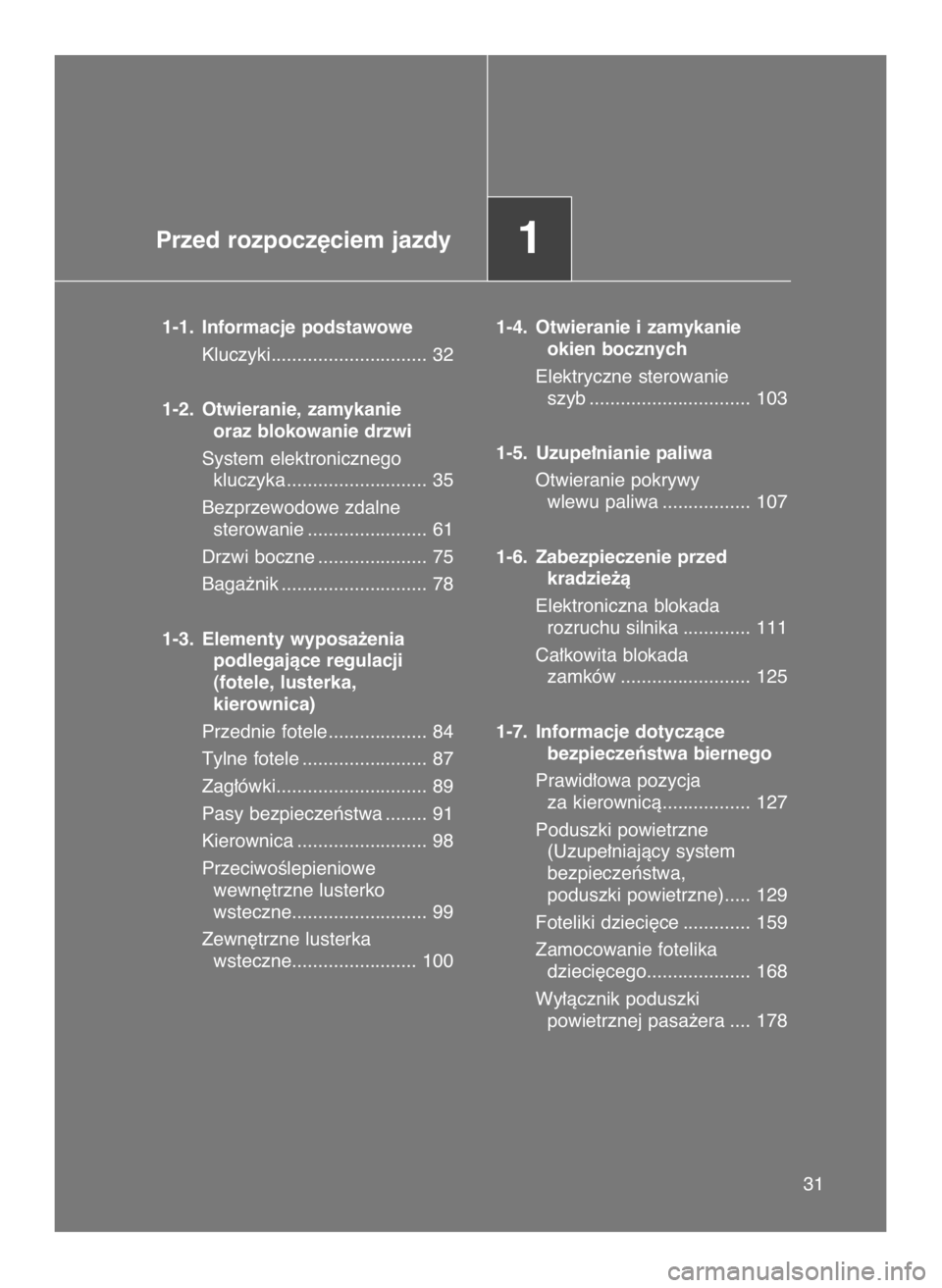 TOYOTA GT86 2018  Instrukcja obsługi (in Polish) Przed rozpocz´ciem jazdy1
1-1. Informacje podstawowe
Kluczyki.............................. 32
1-2. Otwieranie, zamykanie 
oraz blokowanie drzwi
System elektronicznego 
kluczyka .....................