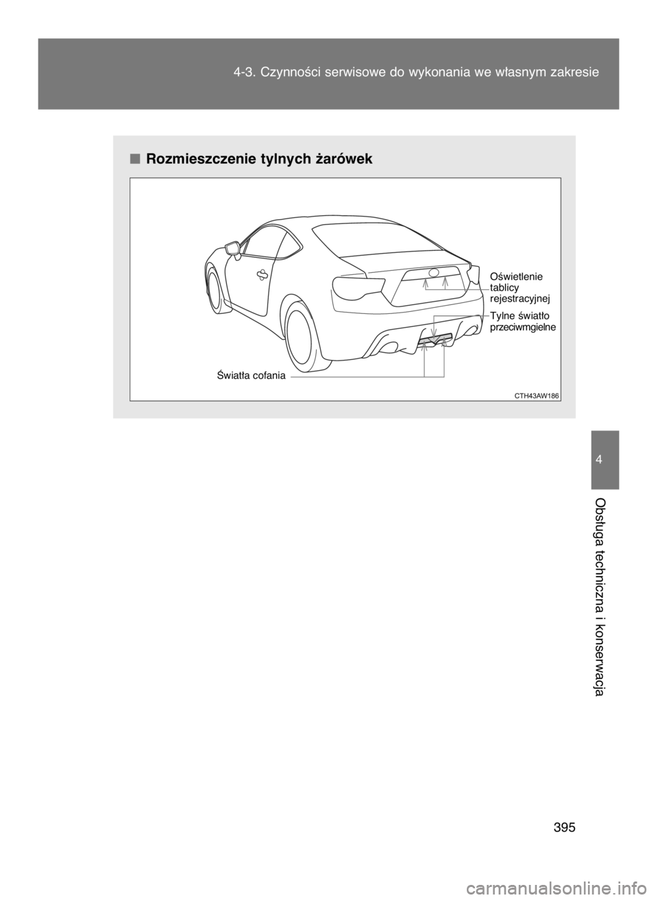 TOYOTA GT86 2018  Instrukcja obsługi (in Polish) Rozmieszczenie tylnych ˝arówek
4-3. CzynnoÊci serwisowe do wykonania we w∏asnym zakresie
395
4
Obs∏uga techniczna i konserwacja
Âwiat∏a cofania
OÊwietlenie
tablicy 
rejestracyjnej
Tylne Êw