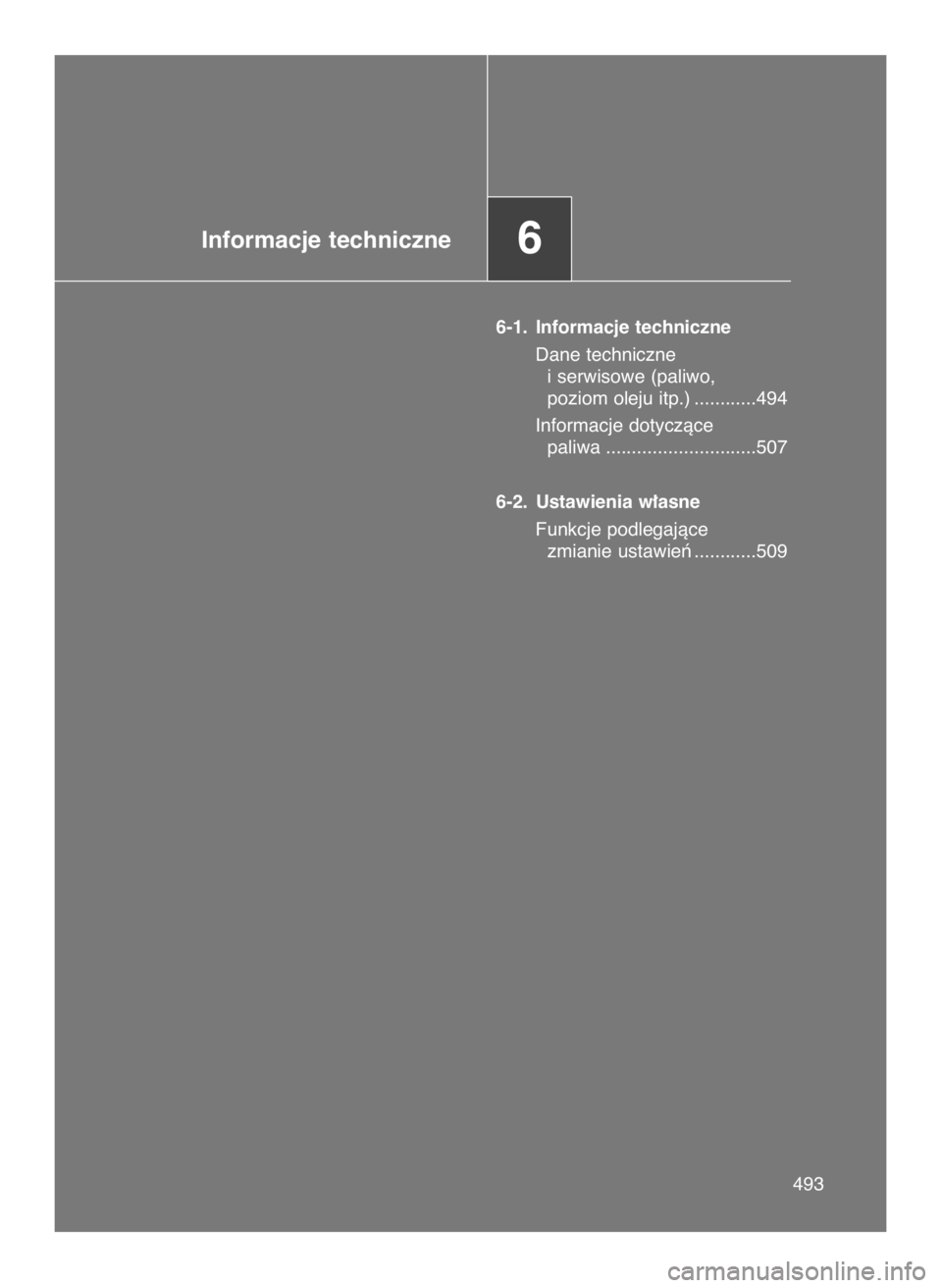 TOYOTA GT86 2018 Instrukcja obsługi (in Polish) Informacje techniczne6
6-1. Informacje techniczne
Dane techniczne
i serwisowe (paliwo,
poziom oleju itp.) ............494
Informacje dotyczàce
paliwa .............................507
6-2. Ustawien TOYOTA GT86 2018 Instrukcja obsługi (in Polish) Informacje techniczne6
6-1. Informacje techniczne
Dane techniczne
i serwisowe (paliwo,
poziom oleju itp.) ............494
Informacje dotyczàce
paliwa .............................507
6-2. Ustawien