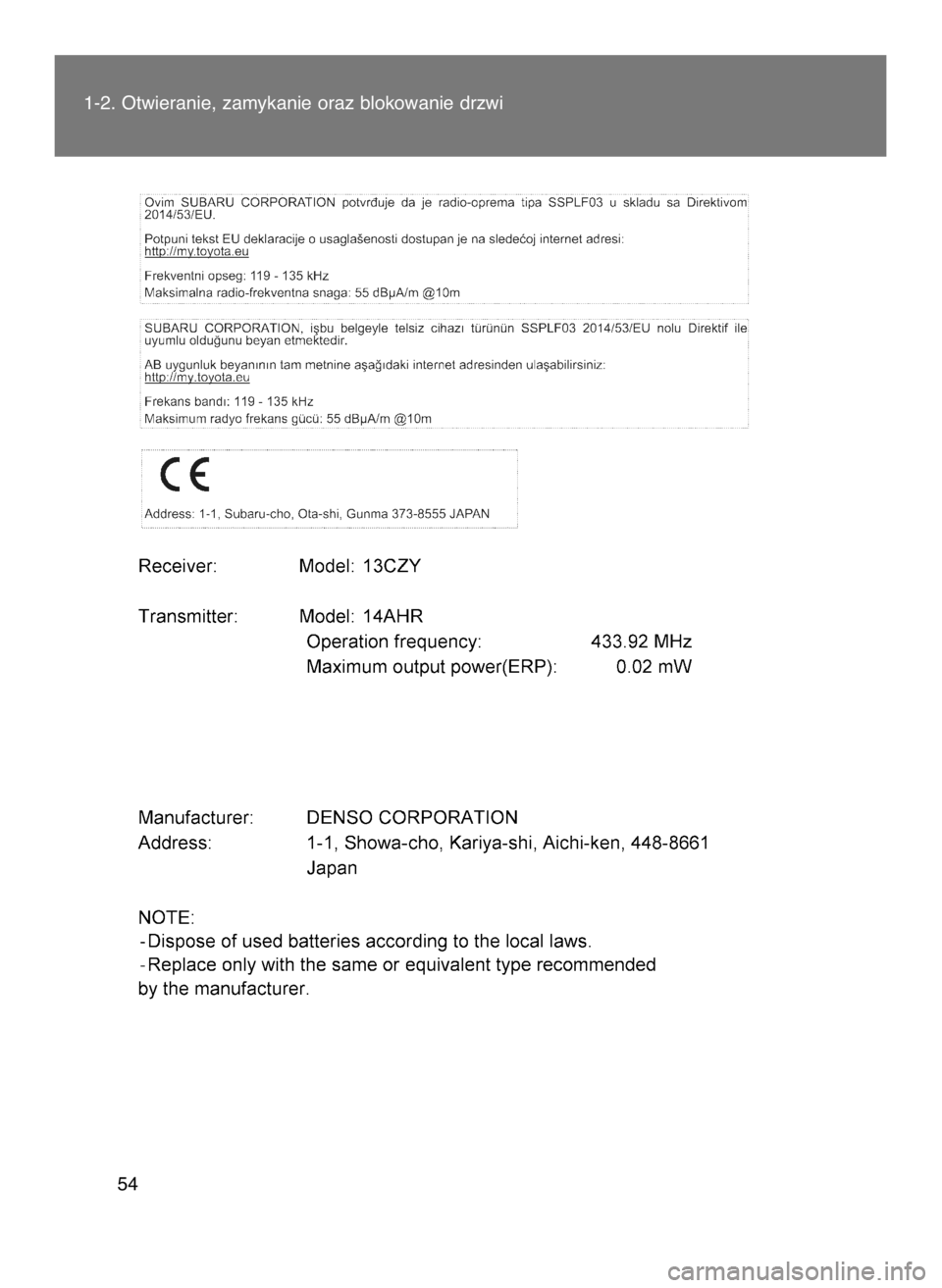 TOYOTA GT86 2018  Instrukcja obsługi (in Polish) 1-2. Otwieranie, zamykanie oraz blokowanie drzwi
54
17 IO GT86 OM18089E  4/10/18  10:27 AM  Page 54    (Black plate) 