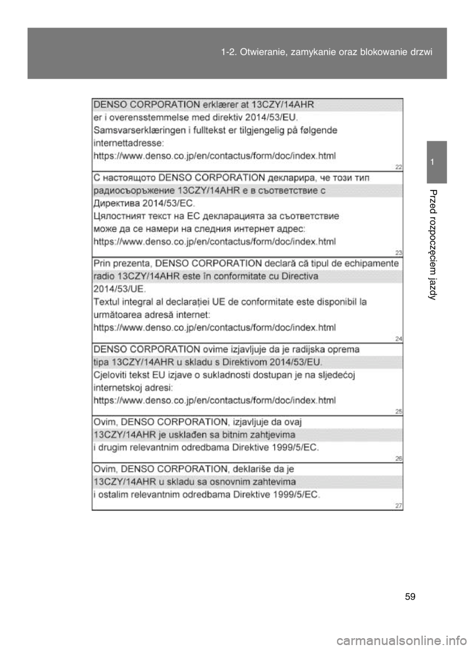 TOYOTA GT86 2018  Instrukcja obsługi (in Polish) 1-2. Otwieranie, zamykanie oraz blokowanie drzwi
59
1
Przed rozpocz´ciem jazdy
17 IO GT86 OM18089E  4/10/18  10:27 AM  Page 59    (Black plate) 