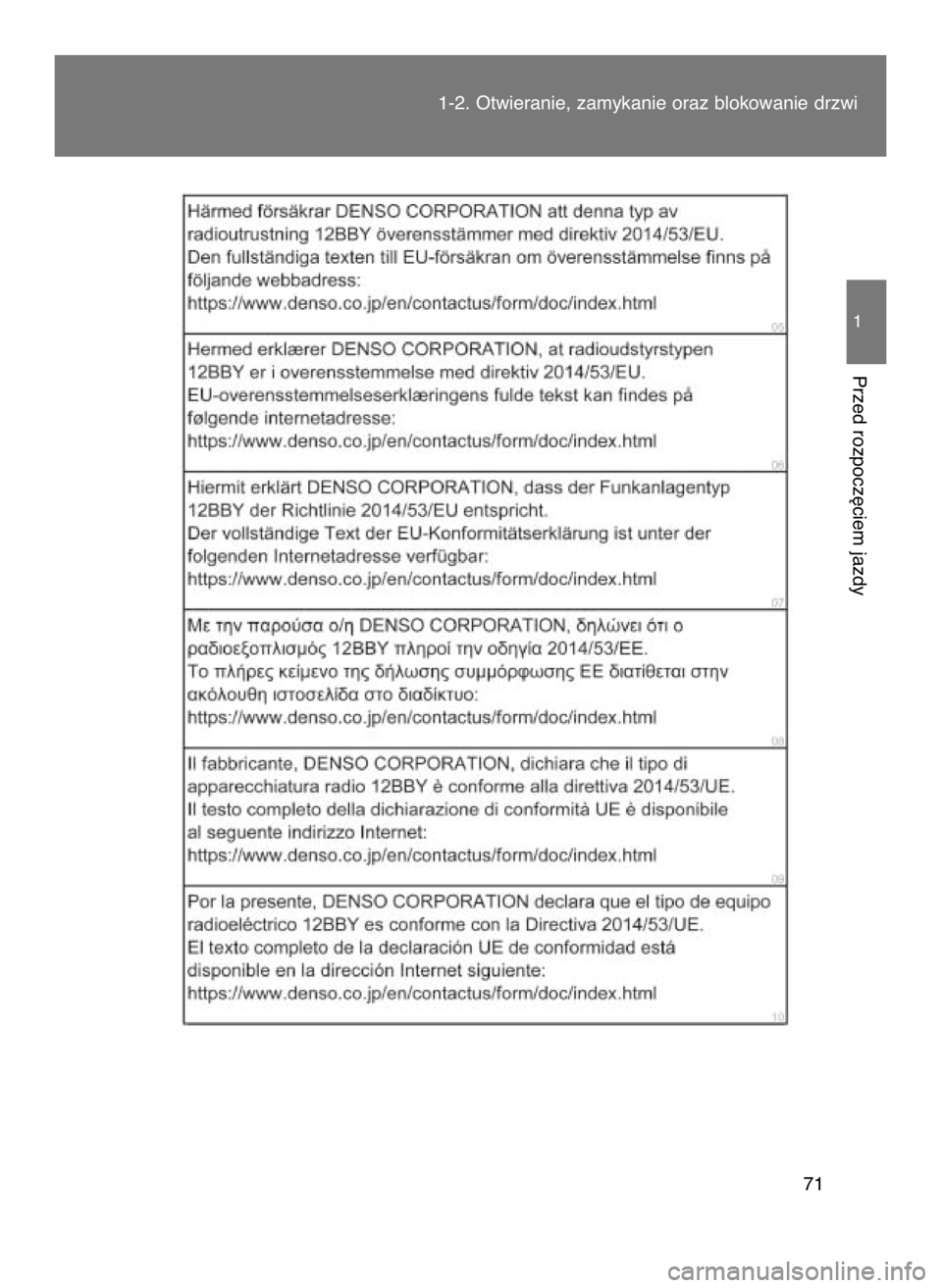 TOYOTA GT86 2018  Instrukcja obsługi (in Polish) 1-2. Otwieranie, zamykanie oraz blokowanie drzwi
71
1
Przed rozpocz´ciem jazdy
17 IO GT86 OM18089E  4/10/18  10:27 AM  Page 71    (Black plate) 