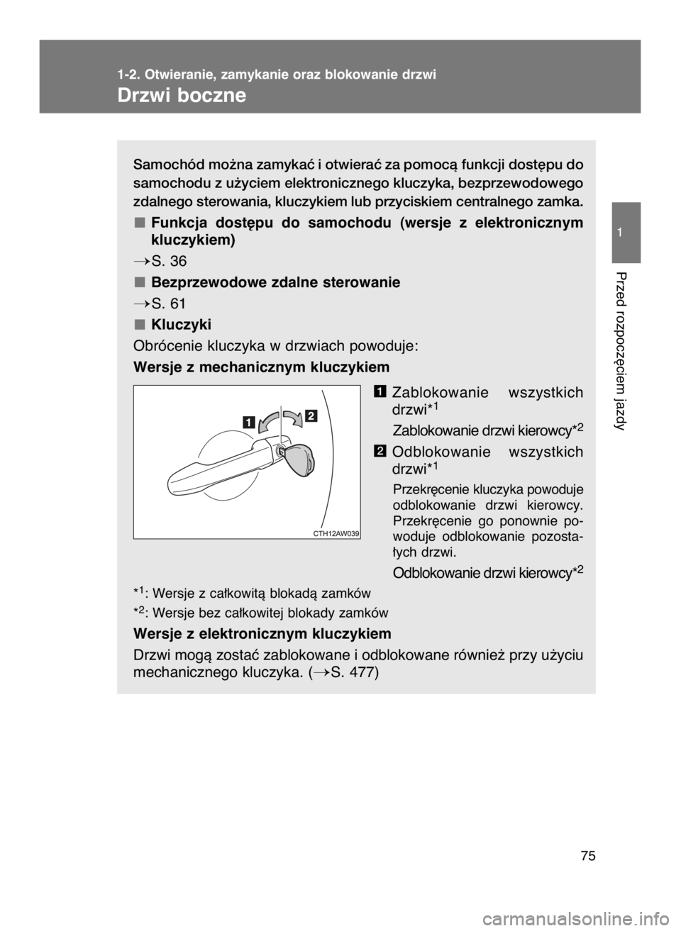 TOYOTA GT86 2018  Instrukcja obsługi (in Polish) Samochód mo˝na zamykaç i otwieraç za pomocà funkcji dost´pu do
samochodu z u˝yciem elektronicznego kluczyka, bezprzewodowego
zdalnego sterowania, kluczykiem lub przyciskiem centralnego zamka.
F