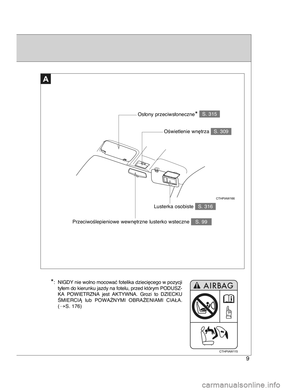 TOYOTA GT86 2018  Instrukcja obsługi (in Polish) 9
S. 316 Lusterka osobiste
S. 315
Os∏ony przeciws∏oneczne*
S. 99 PrzeciwoÊlepieniowe wewn´trzne lusterko wsteczne
*: NIGDY nie wolno mocowaç fotelika dzieci´cego w pozycji
ty∏em do kierunku 