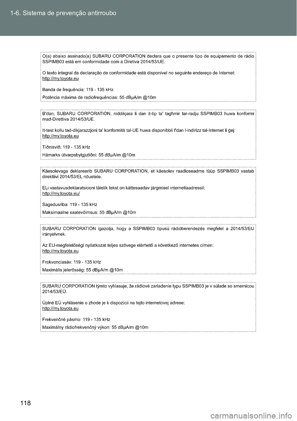 TOYOTA GT86 2018  Manual de utilização (in Portuguese) 118 1-6. Sistema de prevenção antirroubo 