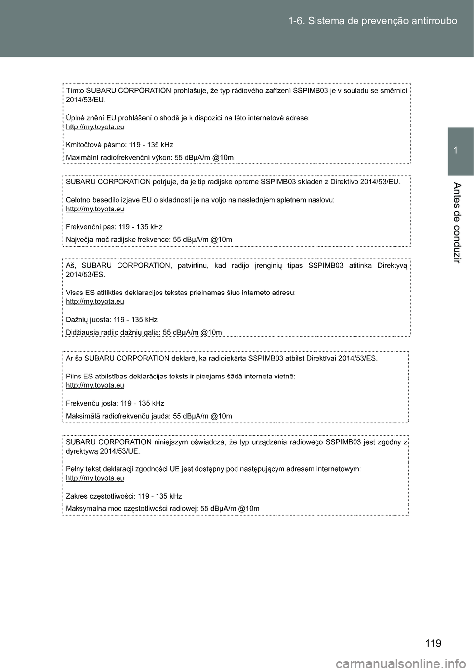 TOYOTA GT86 2018  Manual de utilização (in Portuguese) 119 1-6. Sistema de prevenção antirroubo
1
Antes de conduzir 