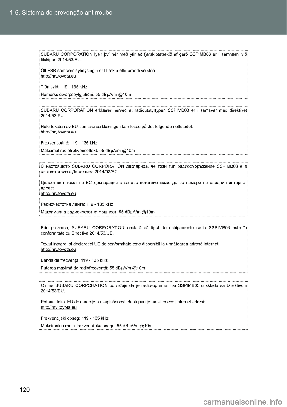 TOYOTA GT86 2018  Manual de utilização (in Portuguese) 120 1-6. Sistema de prevenção antirroubo 