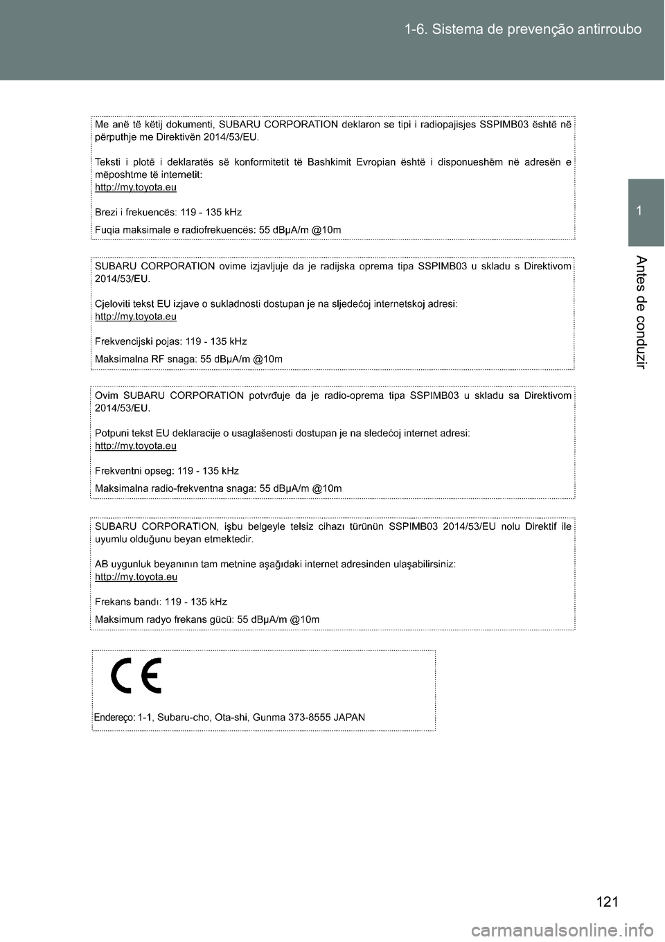 TOYOTA GT86 2018  Manual de utilização (in Portuguese) 121 1-6. Sistema de prevenção antirroubo
1
Antes de conduzir
Endereço: 