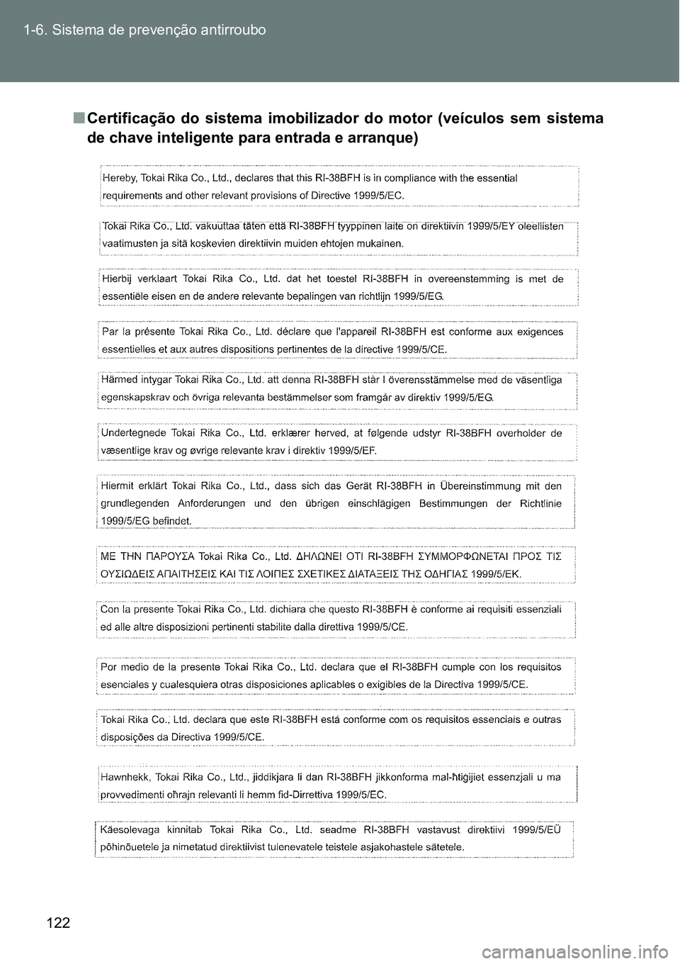TOYOTA GT86 2018  Manual de utilização (in Portuguese) 122 1-6. Sistema de prevenção antirroubo
nCertificação  do  sistema  imobilizador  do  motor  (veículos  sem  sistema
de chave inteligente para entrada e arranque)  