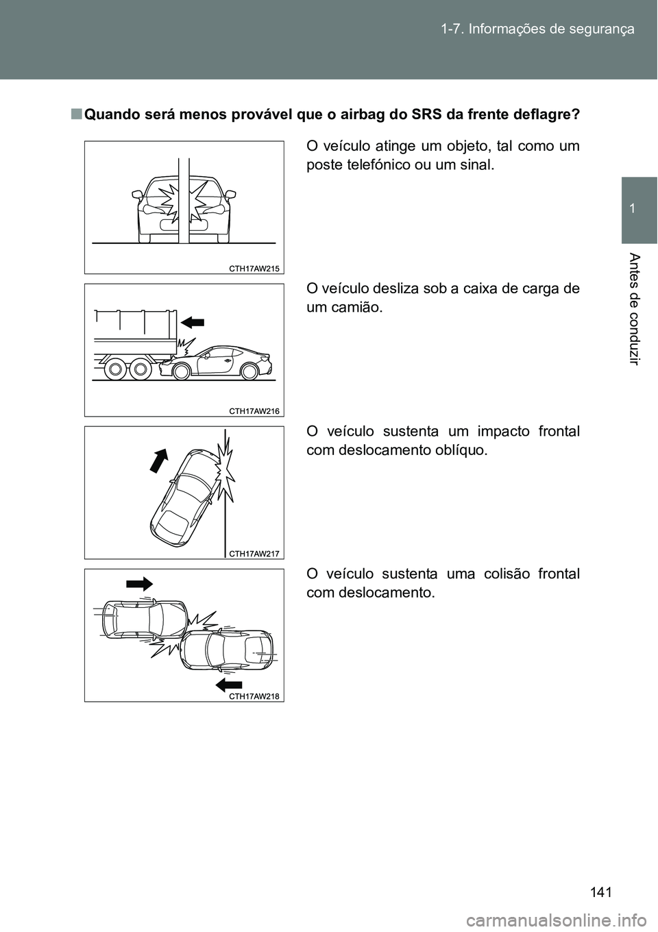 TOYOTA GT86 2018 Manual de utilização (in Portuguese) 141 1-7. Informações de segurança
1
Antes de conduzir
nQuando será menos provável que o airbag do SRS da frente deflagre?
O veículo atinge um objeto, tal como um
poste telefónico ou um s TOYOTA GT86 2018 Manual de utilização (in Portuguese) 141 1-7. Informações de segurança
1
Antes de conduzir
nQuando será menos provável que o airbag do SRS da frente deflagre?
O veículo atinge um objeto, tal como um
poste telefónico ou um s