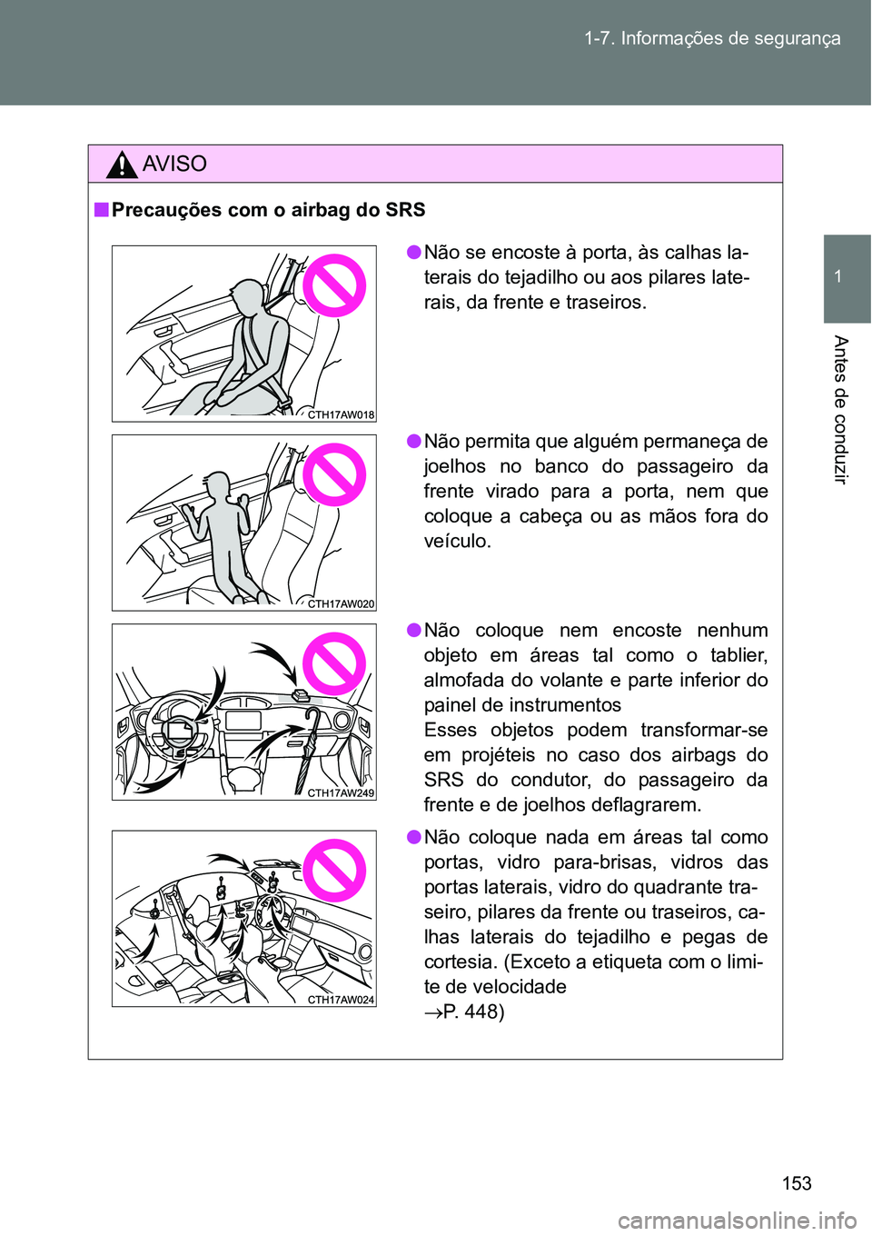TOYOTA GT86 2018 Manual de utilização (in Portuguese) 153 1-7. Informações de segurança
1
Antes de conduzir
AV I S O
nPrecauções com o airbag do SRS
lNão se encoste à porta, às calhas la-
terais do tejadilho ou aos pilares late-
rais, da frente TOYOTA GT86 2018 Manual de utilização (in Portuguese) 153 1-7. Informações de segurança
1
Antes de conduzir
AV I S O
nPrecauções com o airbag do SRS
lNão se encoste à porta, às calhas la-
terais do tejadilho ou aos pilares late-
rais, da frente