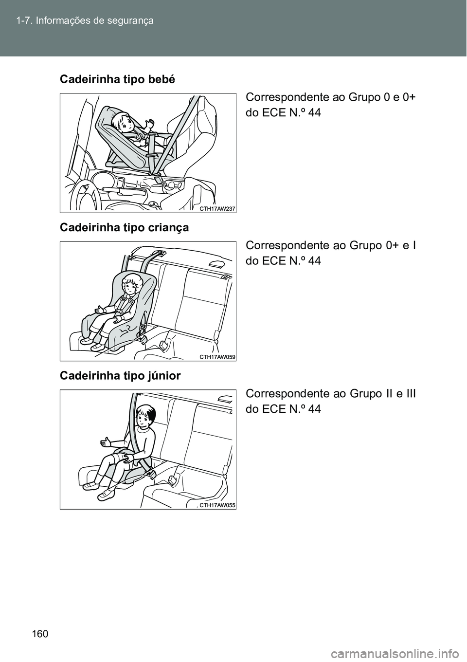 TOYOTA GT86 2018 Manual de utilização (in Portuguese) 160 1-7. Informações de segurança
Cadeirinha tipo bebé
Correspondente ao Grupo 0 e 0+
do ECE N.º 44
Cadeirinha tipo criança
Correspondente ao Grupo 0+ e I
do ECE N.º 44
Cadeirinha tipo júnio TOYOTA GT86 2018 Manual de utilização (in Portuguese) 160 1-7. Informações de segurança
Cadeirinha tipo bebé
Correspondente ao Grupo 0 e 0+
do ECE N.º 44
Cadeirinha tipo criança
Correspondente ao Grupo 0+ e I
do ECE N.º 44
Cadeirinha tipo júnio