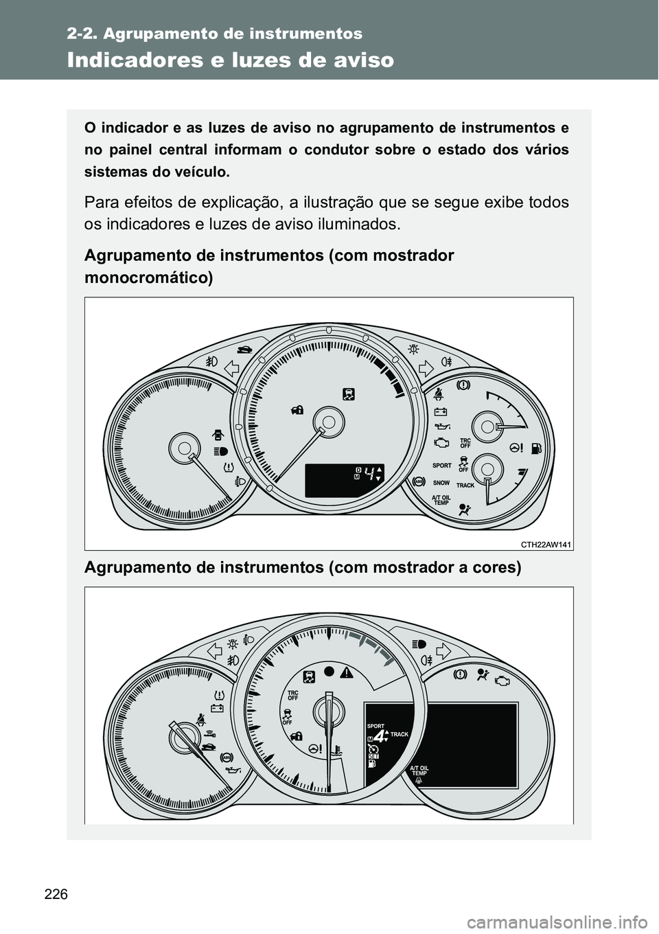 TOYOTA GT86 2018  Manual de utilização (in Portuguese) 226
2-2. Agrupamento de instrumentos
Indicadores e luzes de aviso
O  indicador  e  as  luzes  de  aviso  no  agrupamento  de  instrumentos e
no  painel  central  informam  o  condutor  sobre  o  estad
