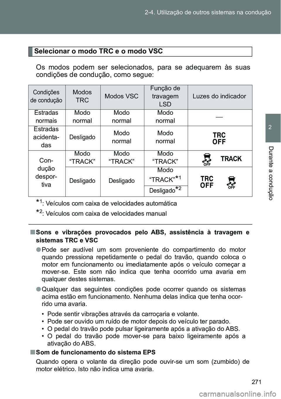 TOYOTA GT86 2018  Manual de utilização (in Portuguese) 271 2-4. Utilização de outros sistemas na condução
2
Durante a condução
Selecionar o modo TRC e o modo VSC
Os  modos  podem  ser  selecionados,  para  se  adequarem  às  suas
condições de con