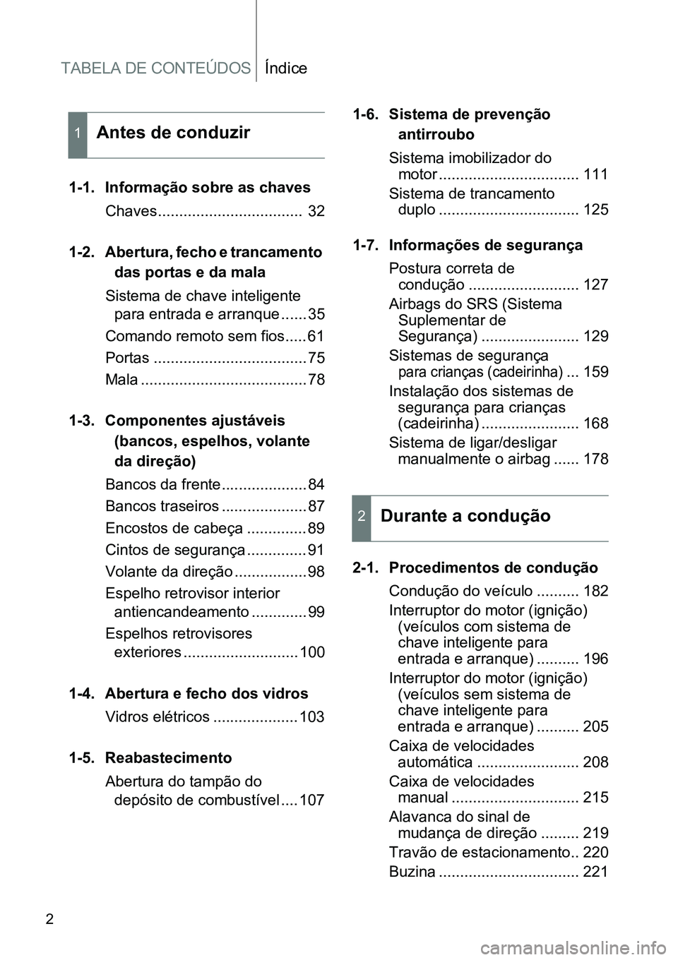 TOYOTA GT86 2018  Manual de utilização (in Portuguese) TABELA DE CONTEÚDOSÍndice
2
1-1. Informação sobre as chaves
Chaves..................................  32
1-2. Abertura, fecho e trancamento 
das portas e da mala
Sistema de chave inteligente 
para