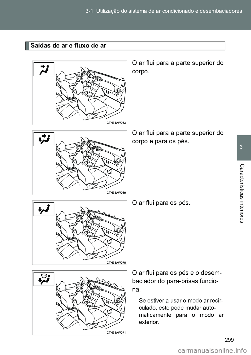 TOYOTA GT86 2018  Manual de utilização (in Portuguese) 299 3-1. Utilização do sistema de ar condicionado e desembaciadores
3
Características interiores 
Saídas de ar e fluxo de ar
O ar flui para a parte superior do
corpo.
O ar flui para a parte superi